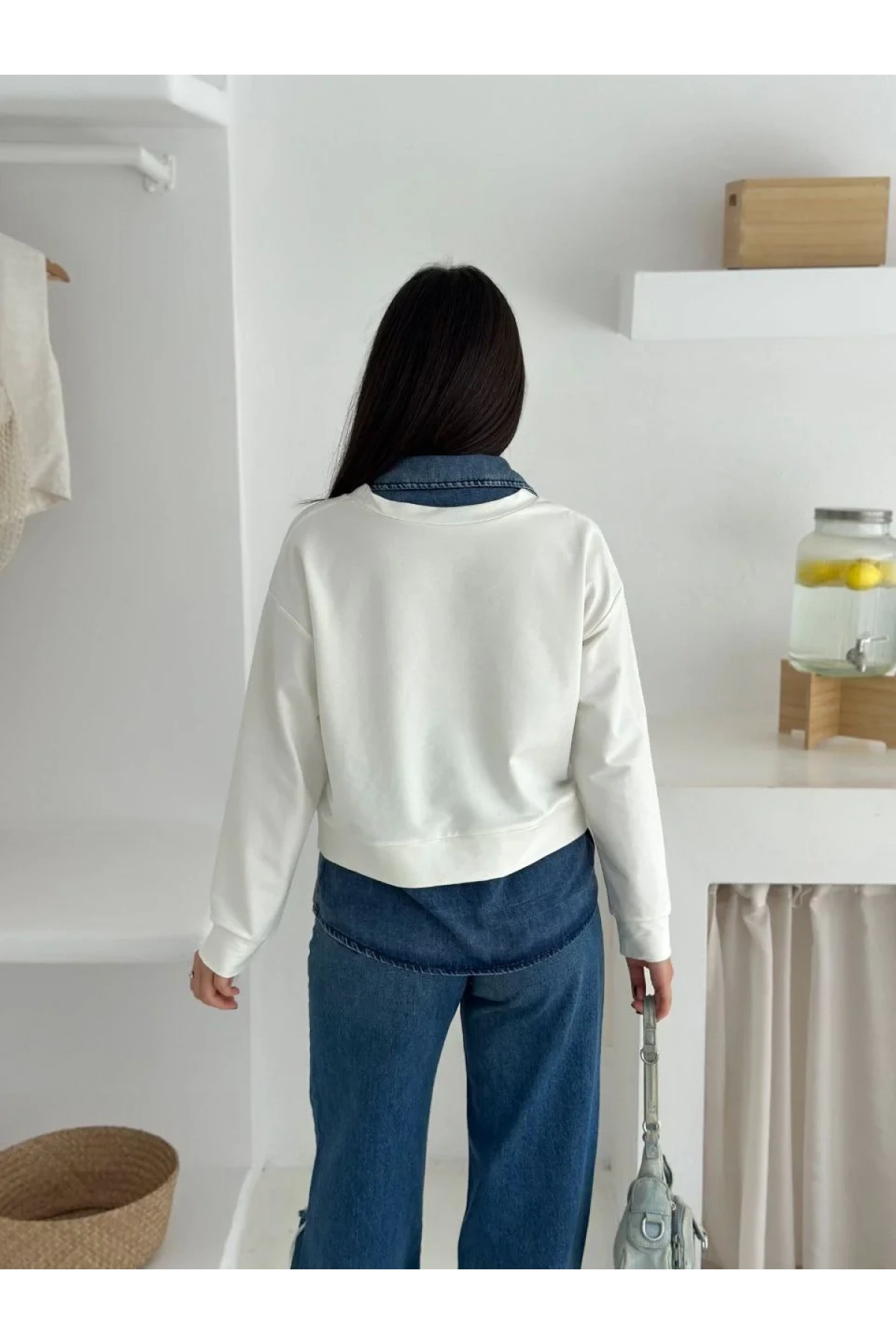 bysoca Kadın Ekru Gömlek Yaka Kot Detaylı V Yaka Uzun Kollu Rahat Kesim İki İplik Kumaş Sweatshirt