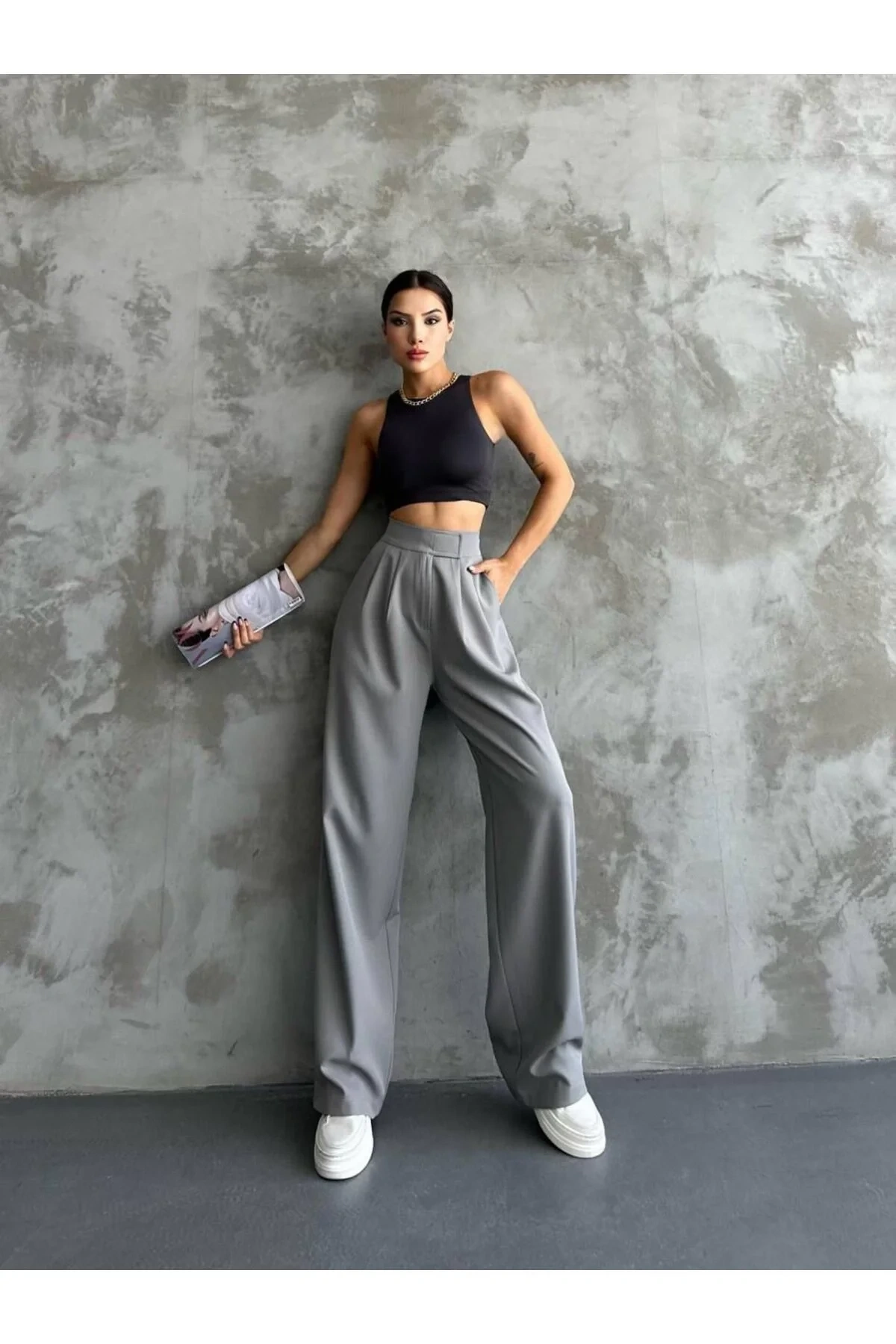 bysoca Kadın Gri Yüksek Bel Cepli Cırtlı Ayarlanabilir Rahat Bol Paça Palazzo Kumaş Pantolon