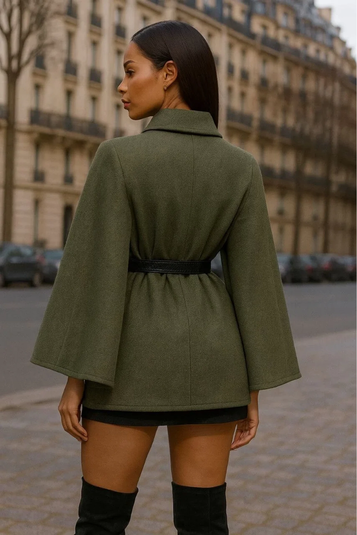 Kadın Haki Düğmeli Gömlek Yaka Kemerli Oversize Kışlık Kaşe Pelerin Panço Ceket Kaban