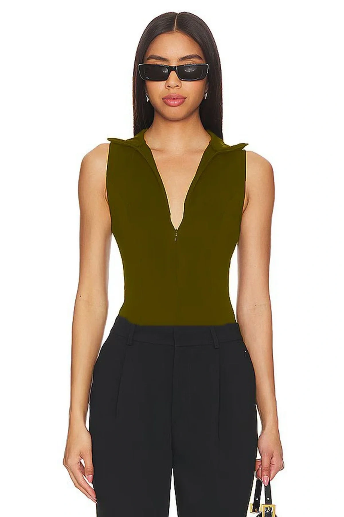 bysoca Kadın Kahverengi Balıkçı Yaka Fermuarlı Sıfır Kol Vücudu Saran Basic Bodysuit