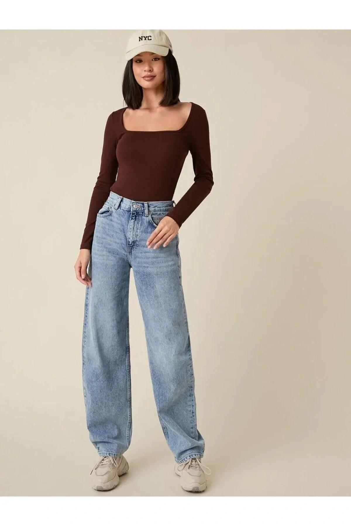 bysoca Kadın Kahverengi Kare Yaka Uzun Kollu İpek Jarse Vücudu Saran Basic Body