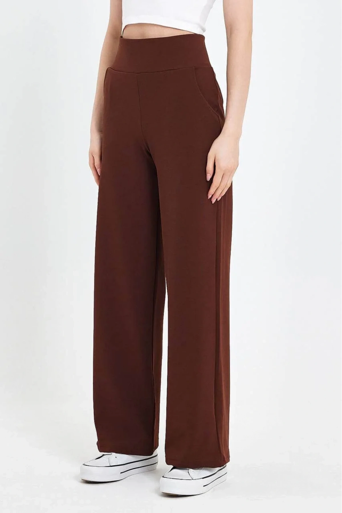 Kadın Kahverengi Yüksek Bel Cepli Palazzo Geniş Paça Krep Kumaş Günlük Pantolon Eşofman Altı