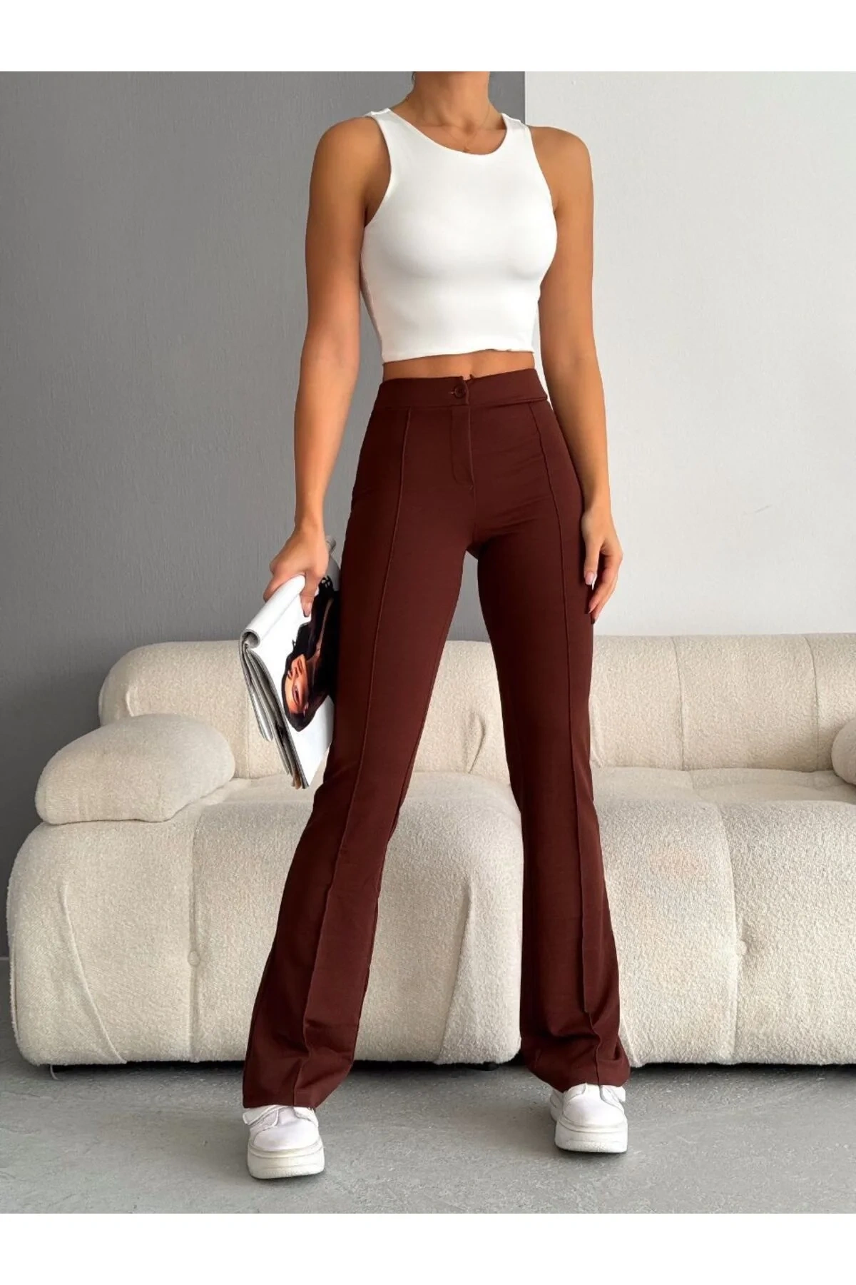 Kadın Kahverengi Yüksek Bel Günlük Önü Dikişli Likralı İspanyol Paça Tayt Pantolon