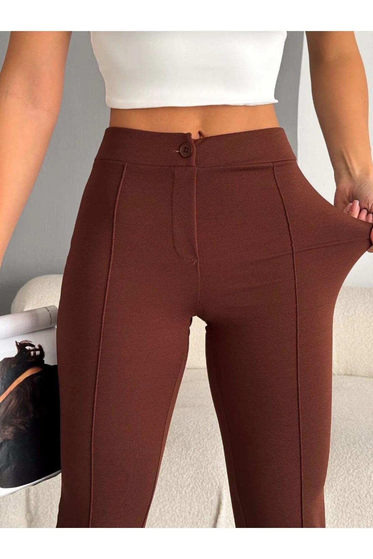 bysoca Kadın Kahverengi Yüksek Bel Günlük Önü Dikişli Likralı İspanyol Paça Tayt Pantolon