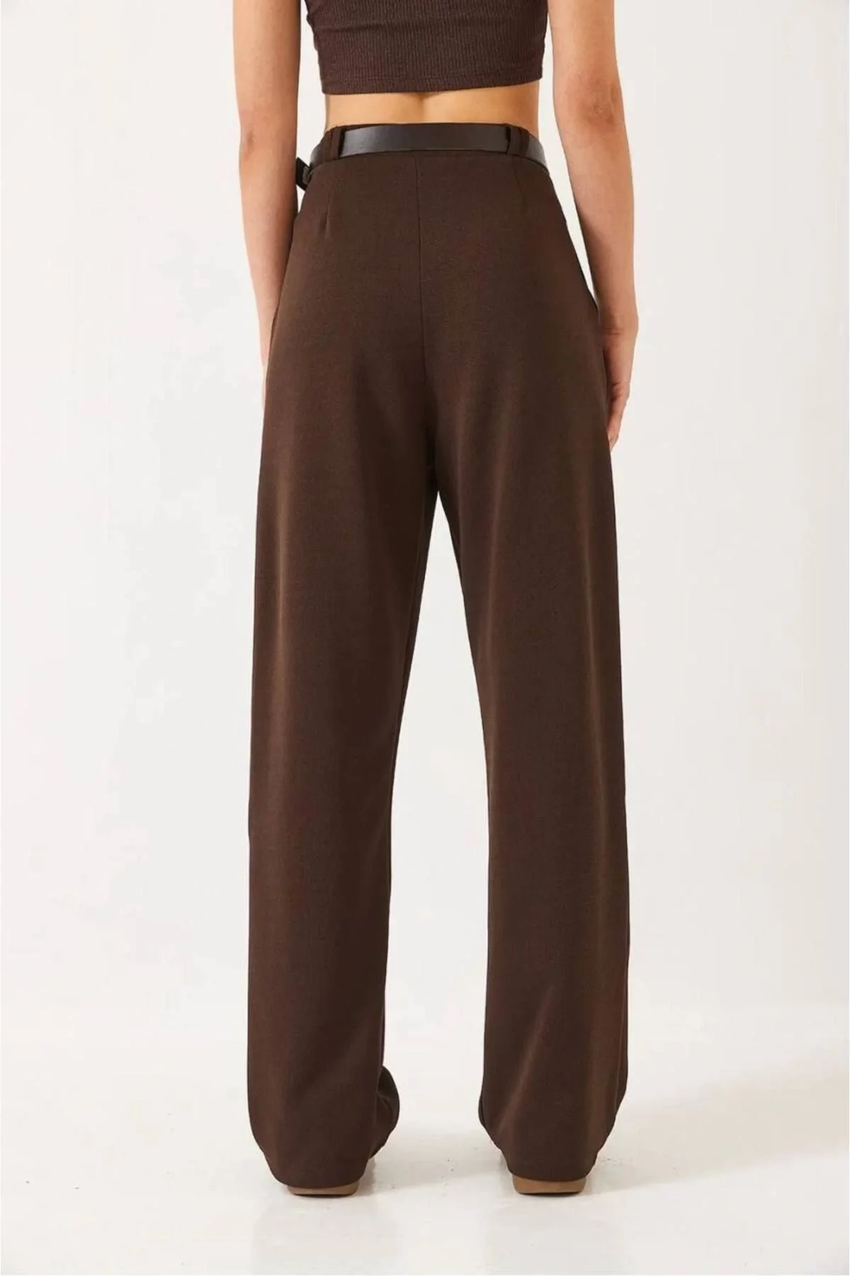 bysoca Kadın Kahverengi Yüksek Bel Kemerli Pileli Oversize Bol Paça Palazzo Krep Kumaş Pantolon