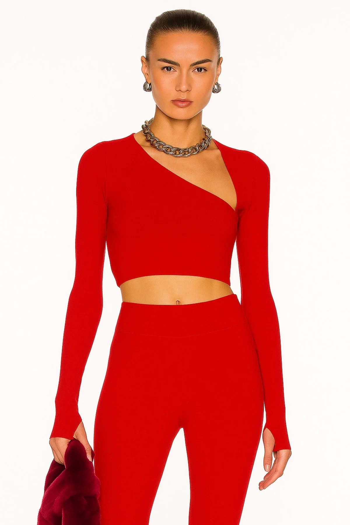 Kadın Kırmızı Asimetrik Yaka Uzun Kollu Parmak Geçme Detaylı Sandy Kumaş Crop Top