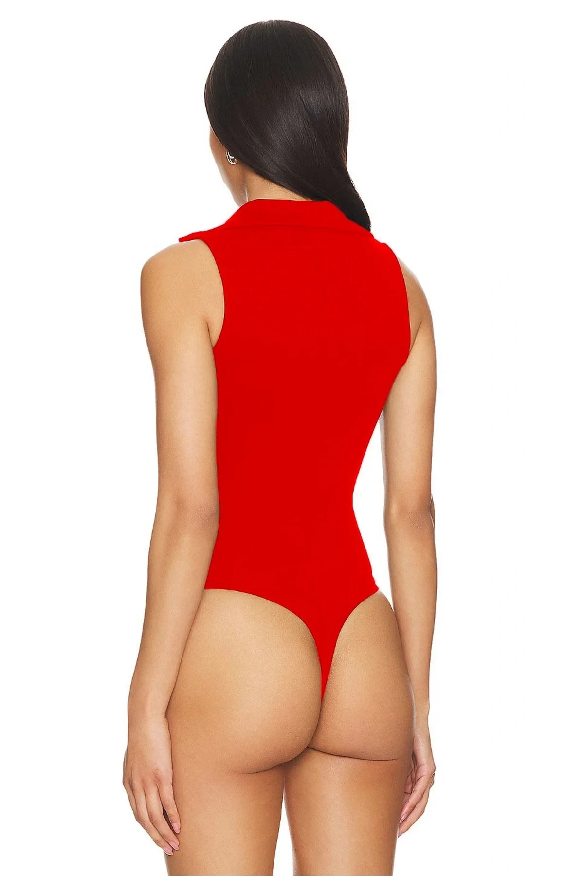Kadın Kırmızı Balıkçı Yaka Fermuarlı Sıfır Kol Vücudu Saran Basic Bodysuit