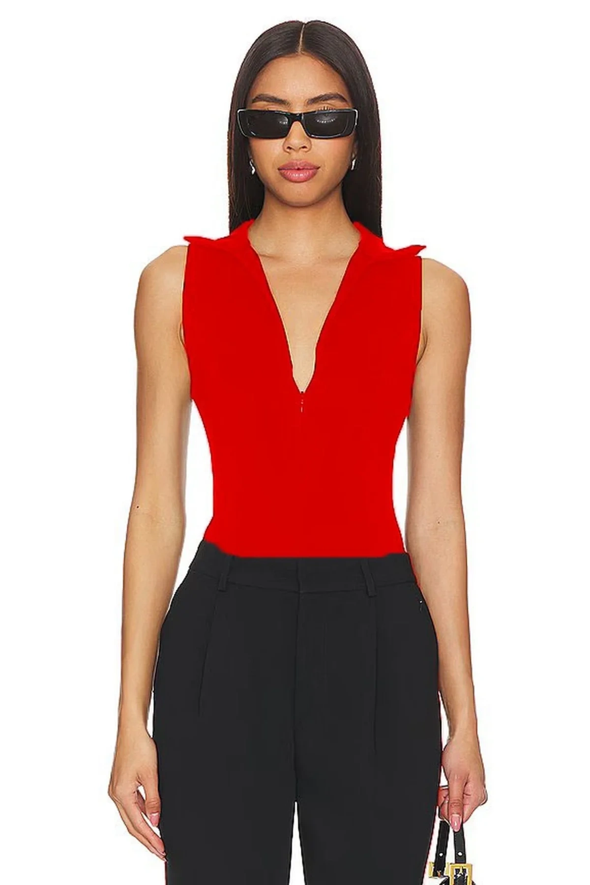 Kadın Kırmızı Balıkçı Yaka Fermuarlı Sıfır Kol Vücudu Saran Basic Bodysuit