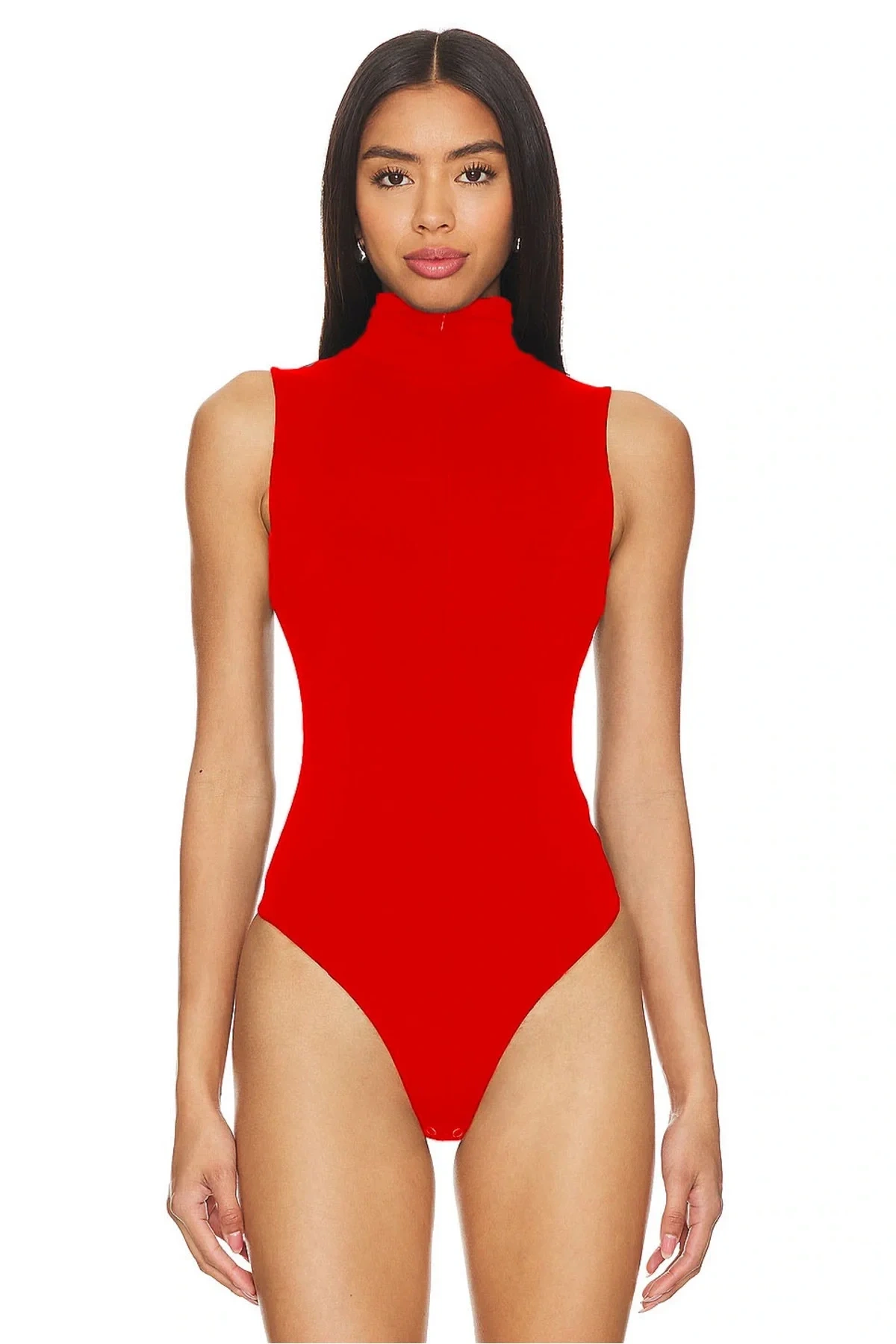 Kadın Kırmızı Balıkçı Yaka Fermuarlı Sıfır Kol Vücudu Saran Basic Bodysuit