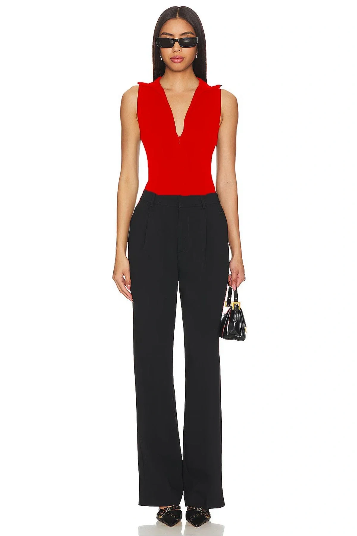 Kadın Kırmızı Balıkçı Yaka Fermuarlı Sıfır Kol Vücudu Saran Basic Bodysuit