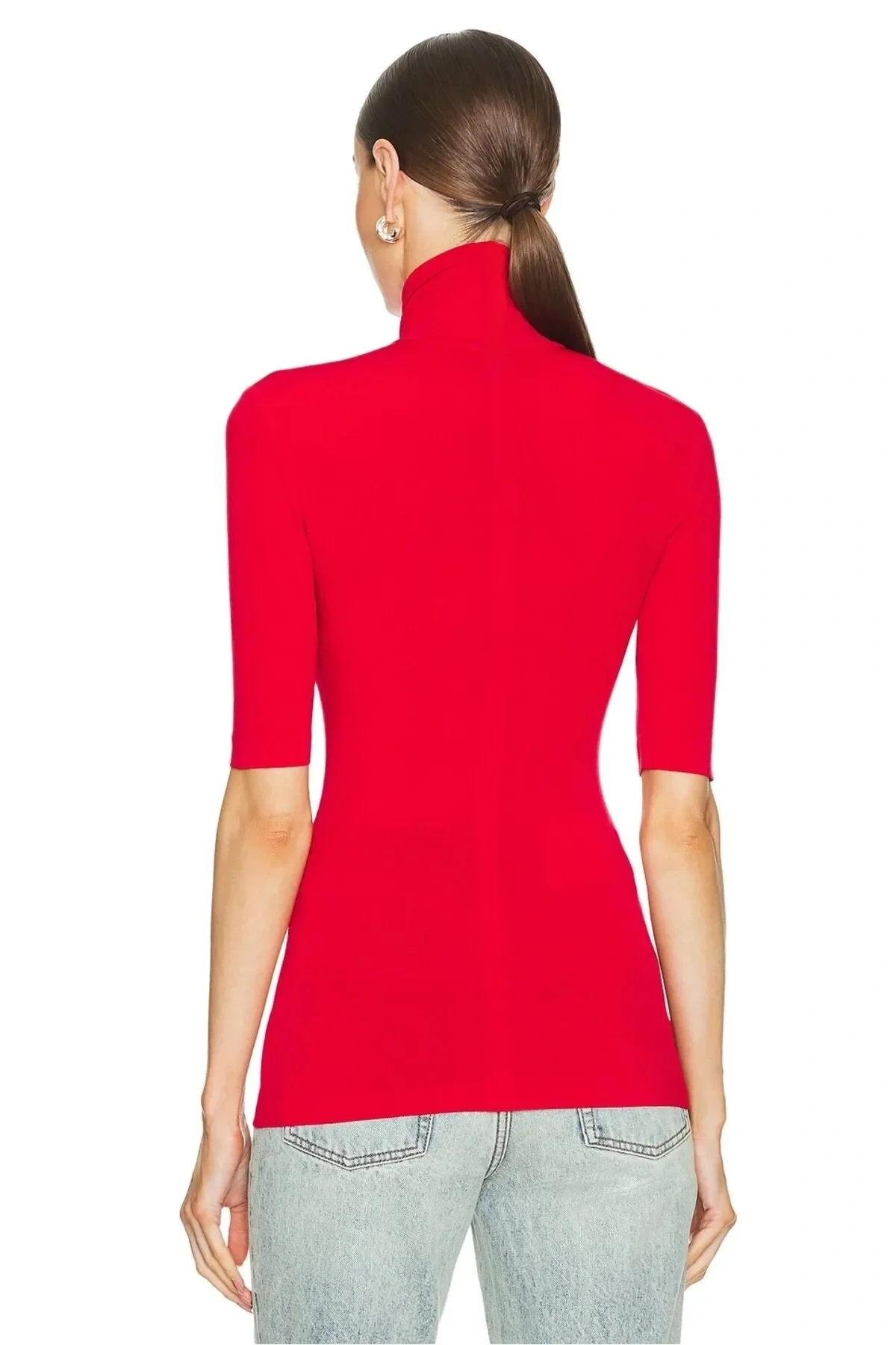 bysoca Kadın Kırmızı Balıkçı Yaka Kısa Kollu Vücudu Saran Basic Bluz