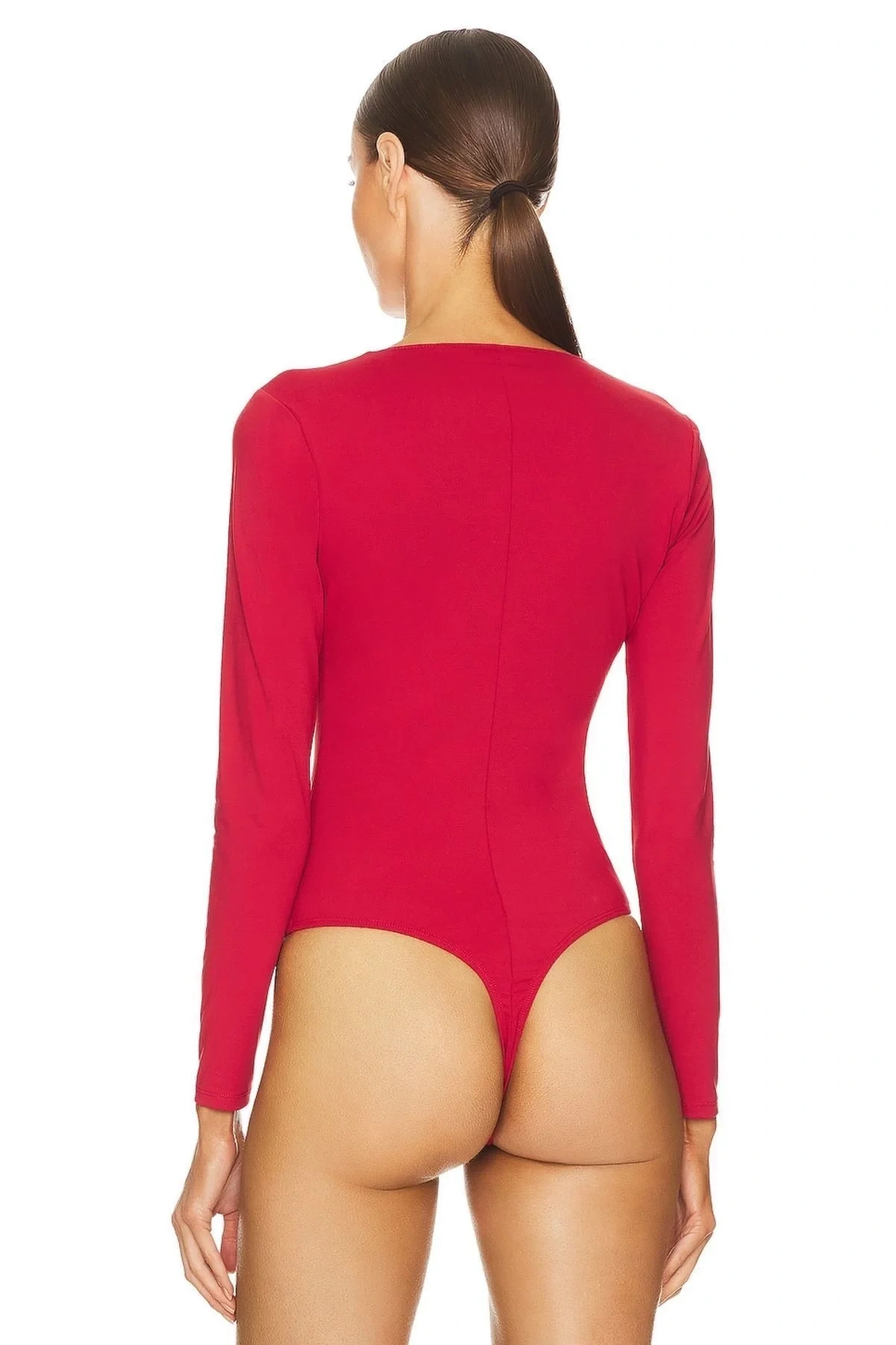bysoca Kadın Kırmızı Derin V Yaka Uzun Kollu Çift Kat Sandy Kumaş Tanga Basic Bodysuit
