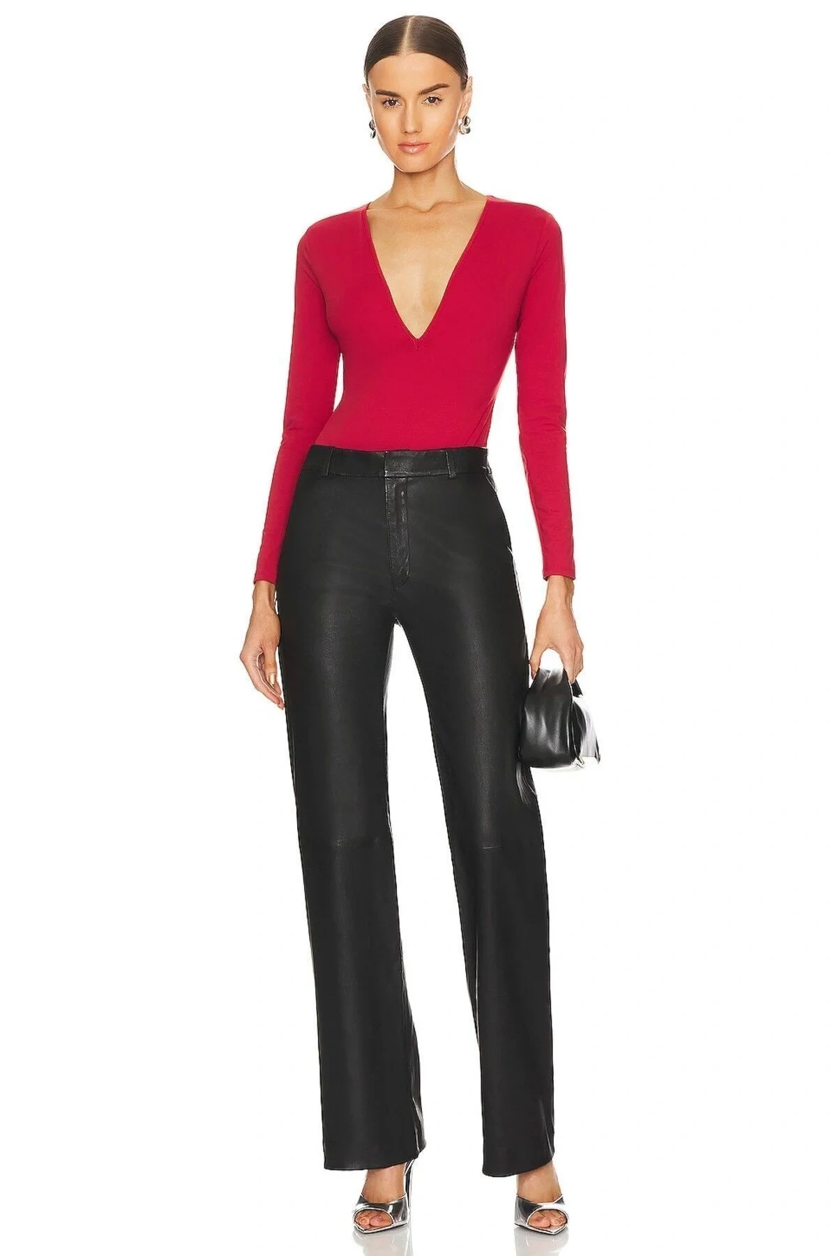 Kadın Kırmızı Derin V Yaka Uzun Kollu Çift Kat Sandy Kumaş Basic Tanga Bodysuit