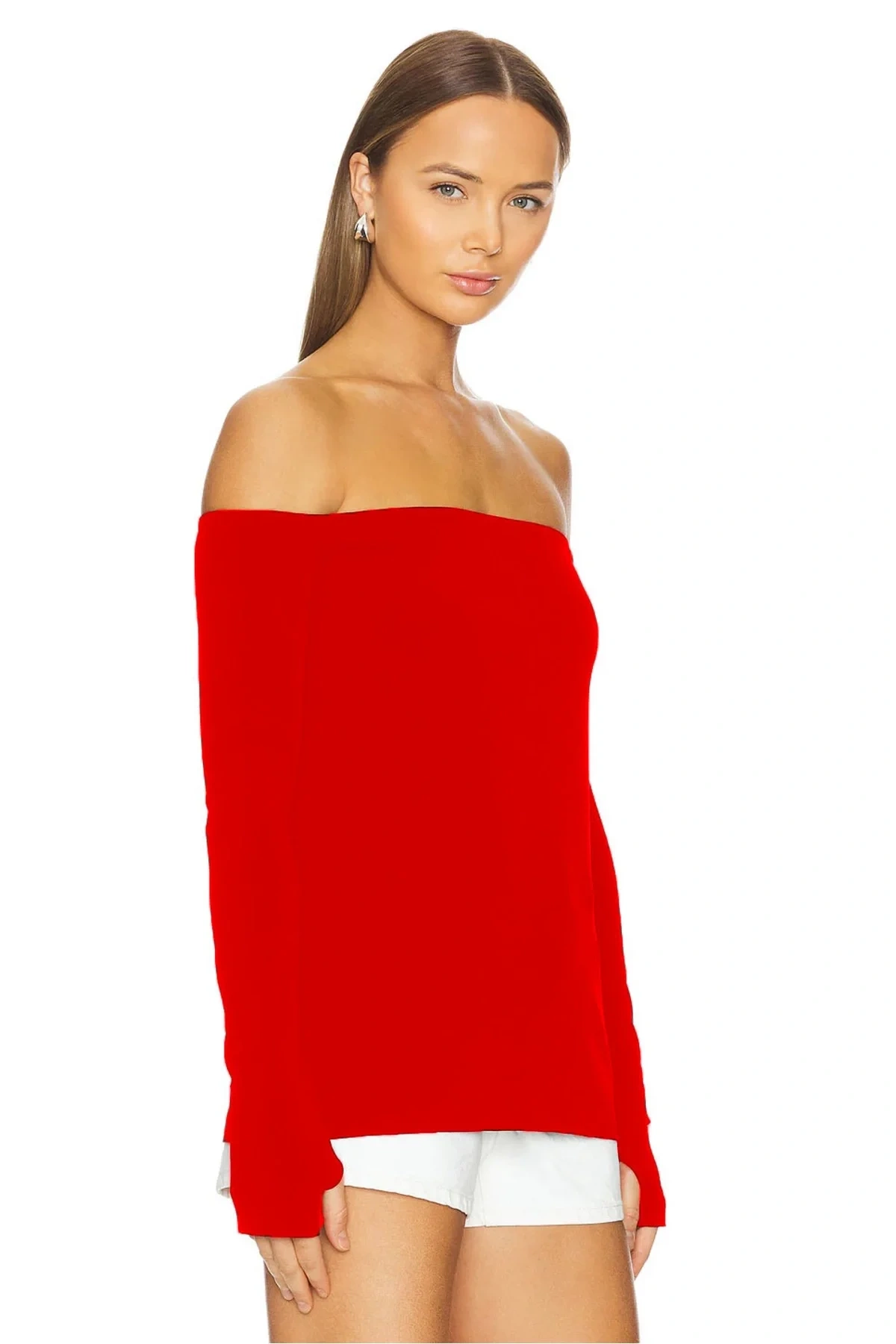 Kadın Kırmızı Straplez Düşük Omuz Uzun Kollu Parmak Geçmeli Sandy Kumaş Bluz