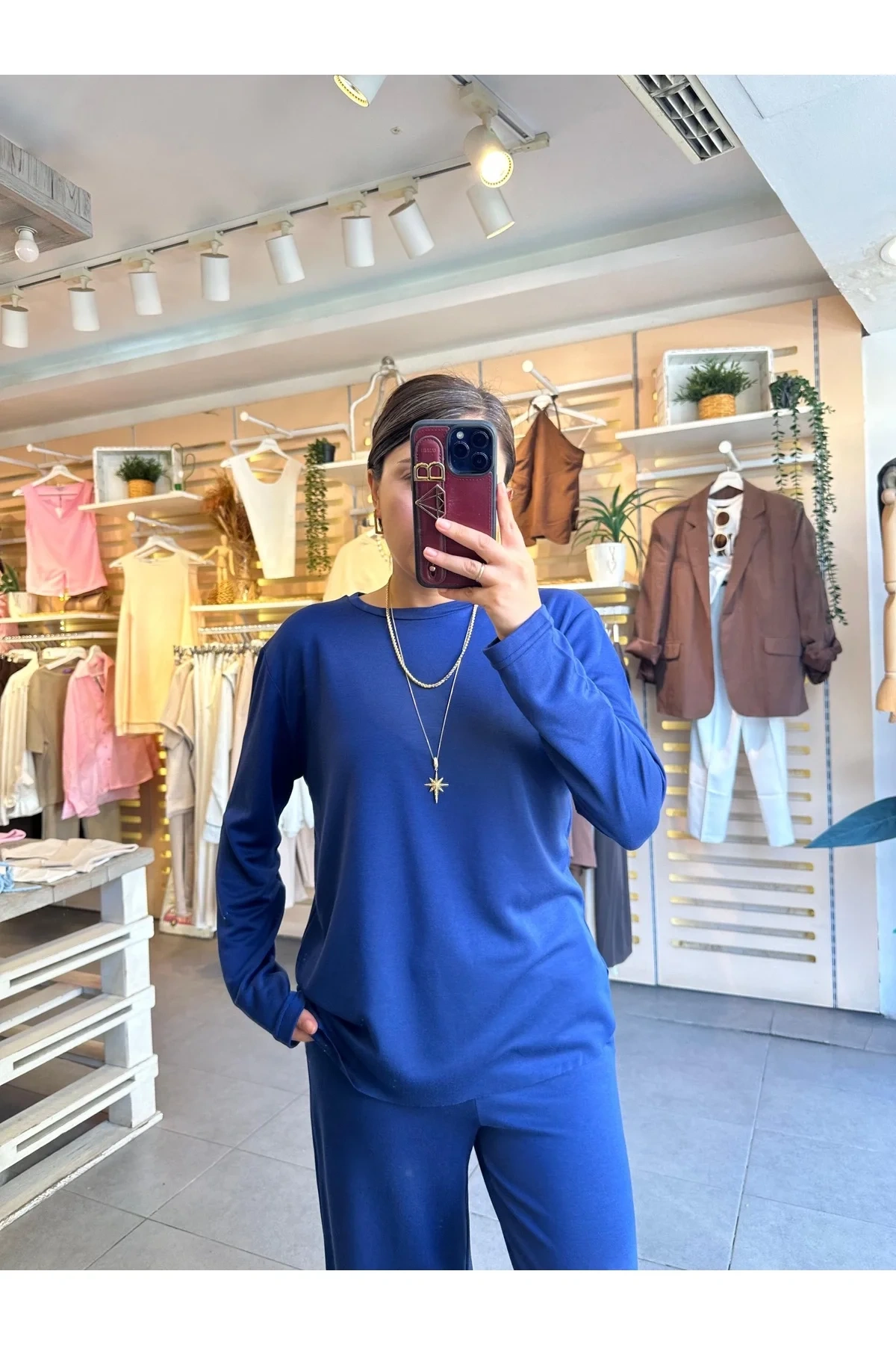 Kadın Lacivert Pike Modal Kumaş Geniş Paça Pantolon ve Uzun Kollu Üst İkili Eşofman Takımı