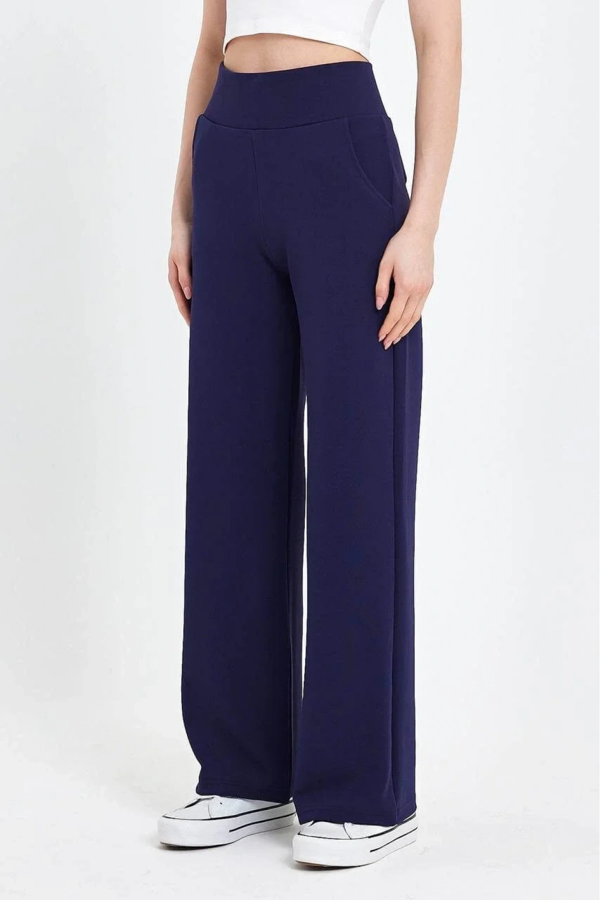 Kadın Lacivert Yüksek Bel Cepli Palazzo Geniş Paça Krep Kumaş Günlük Pantolon Eşofman Altı