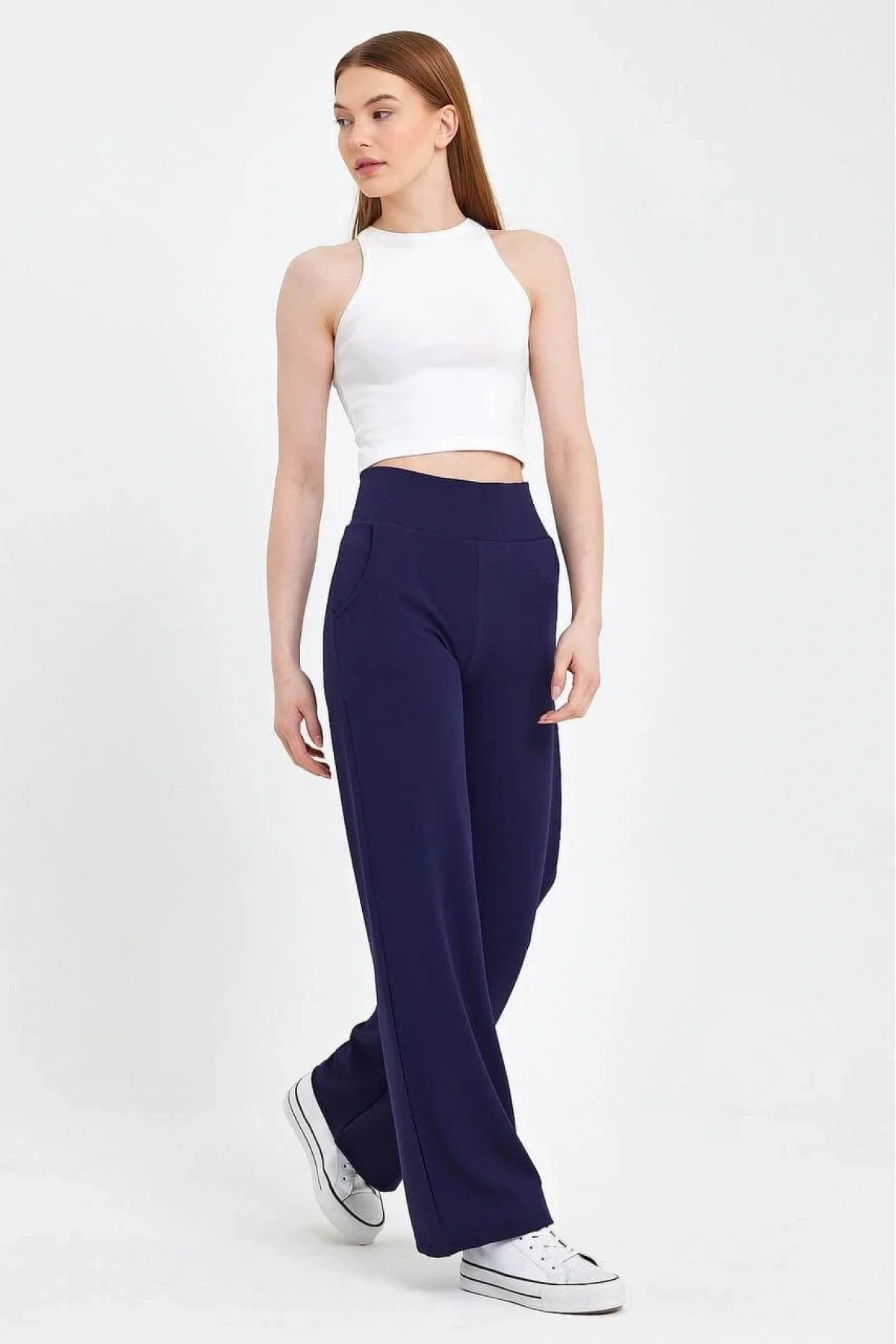 Kadın Lacivert Yüksek Bel Cepli Palazzo Geniş Paça Krep Kumaş Günlük Pantolon Eşofman Altı