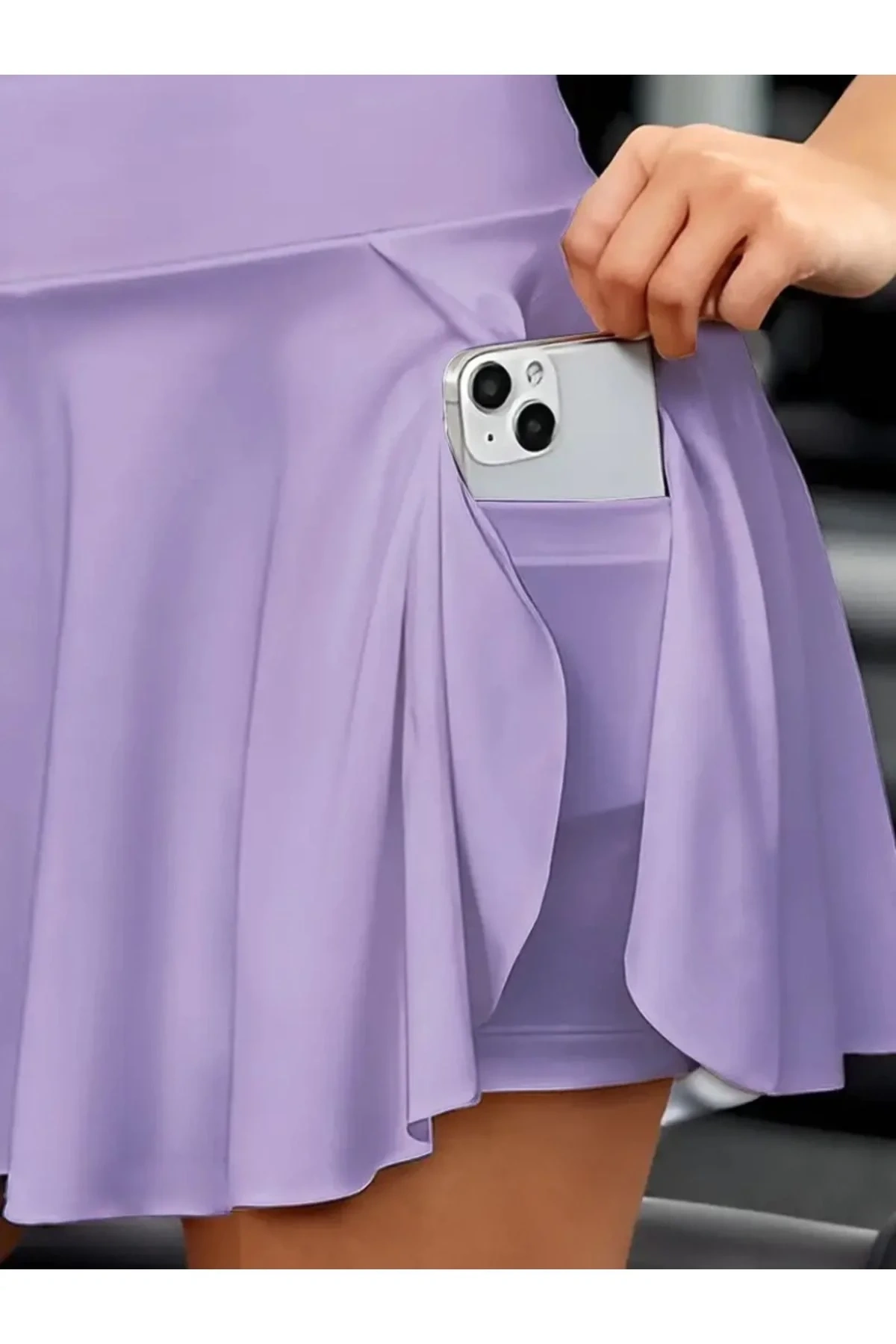 Kadın Lila Yüksek Bel Toparlayıcı Şortlu Cepli Kloş Kesim Mini Kısa Spor Skort Tenisçi Eteği