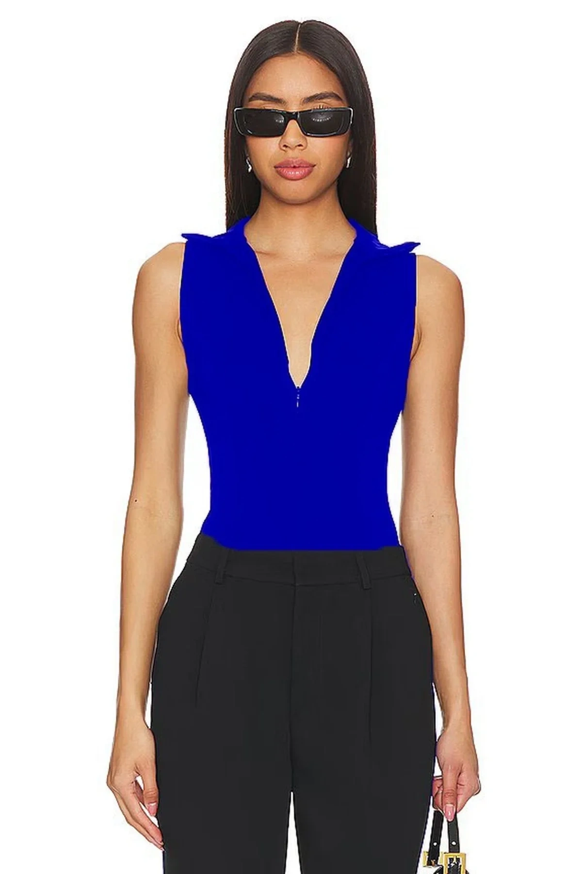 Kadın Mavi Balıkçı Yaka Fermuarlı Sıfır Kol Vücudu Saran Basic Bodysuit