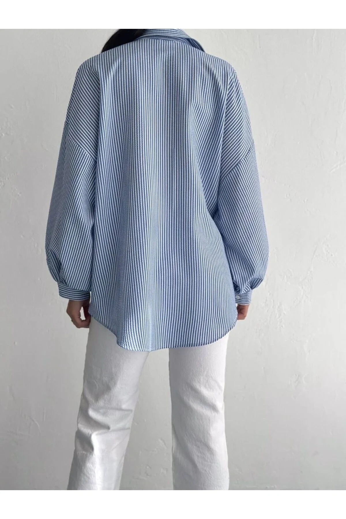 Kadın Mavi Dikey Çizgili Balon Kollu Oversize Poplin Gömlek