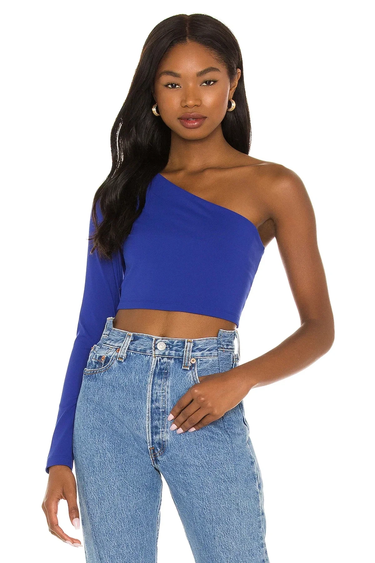 bysoca Kadın Saks Mavisi Asimetrik Kesim Tek Omuz Uzun Kollu Vücudu Saran Jarse Crop Top