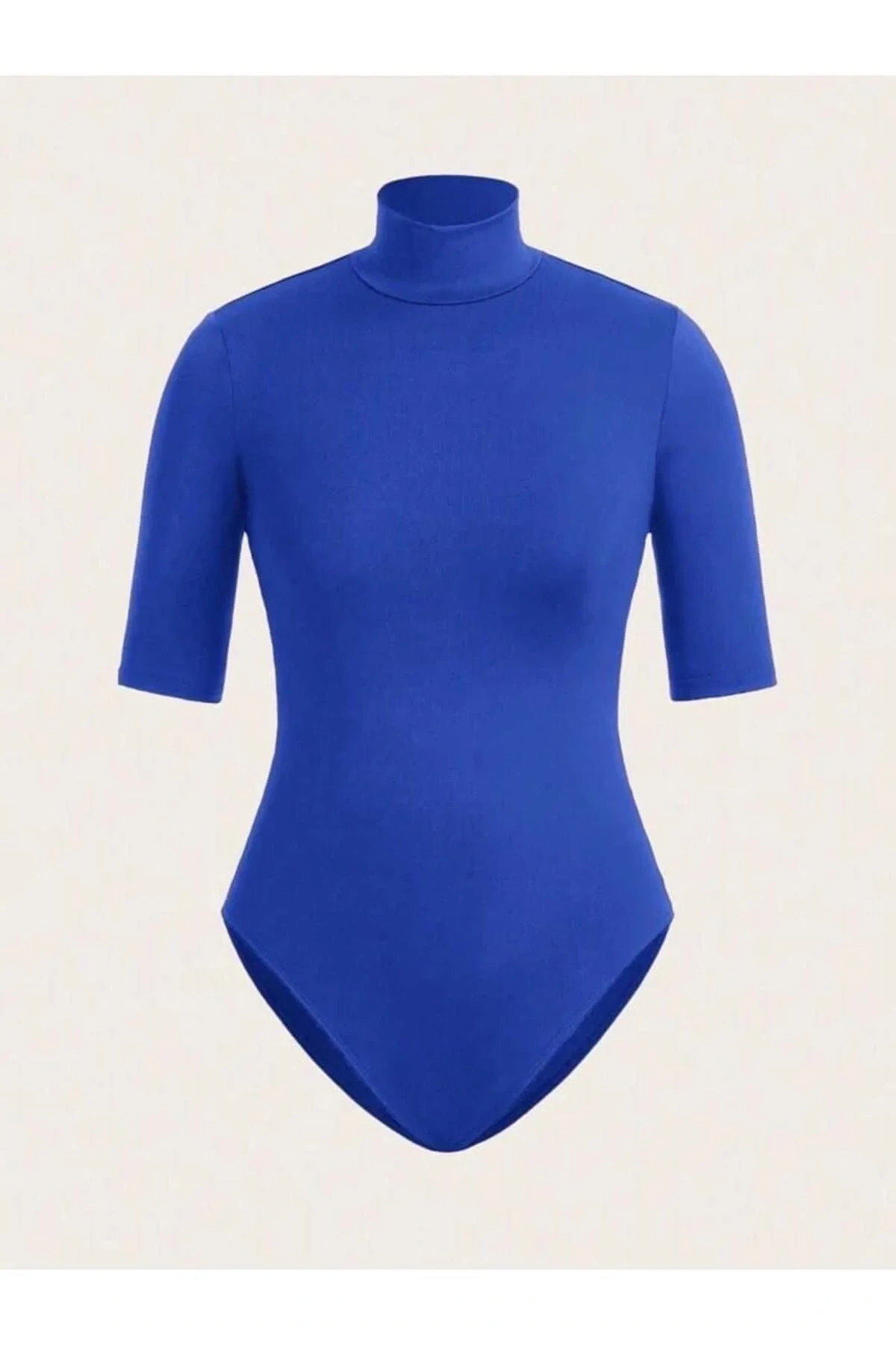 Kadın Saks Mavisi Balıkçı Yaka Kısa Kol İpek Jarse Vücudu Saran Basic Bodysuit