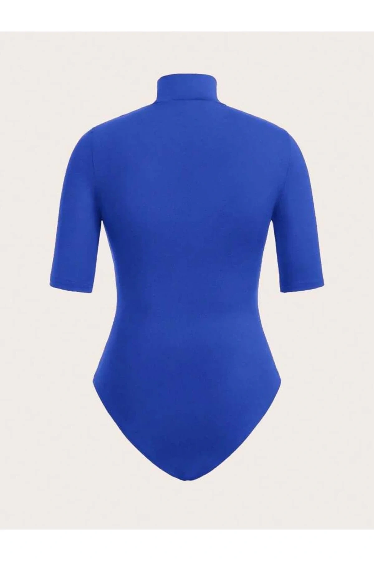 Kadın Saks Mavisi Balıkçı Yaka Kısa Kol İpek Jarse Vücudu Saran Basic Bodysuit