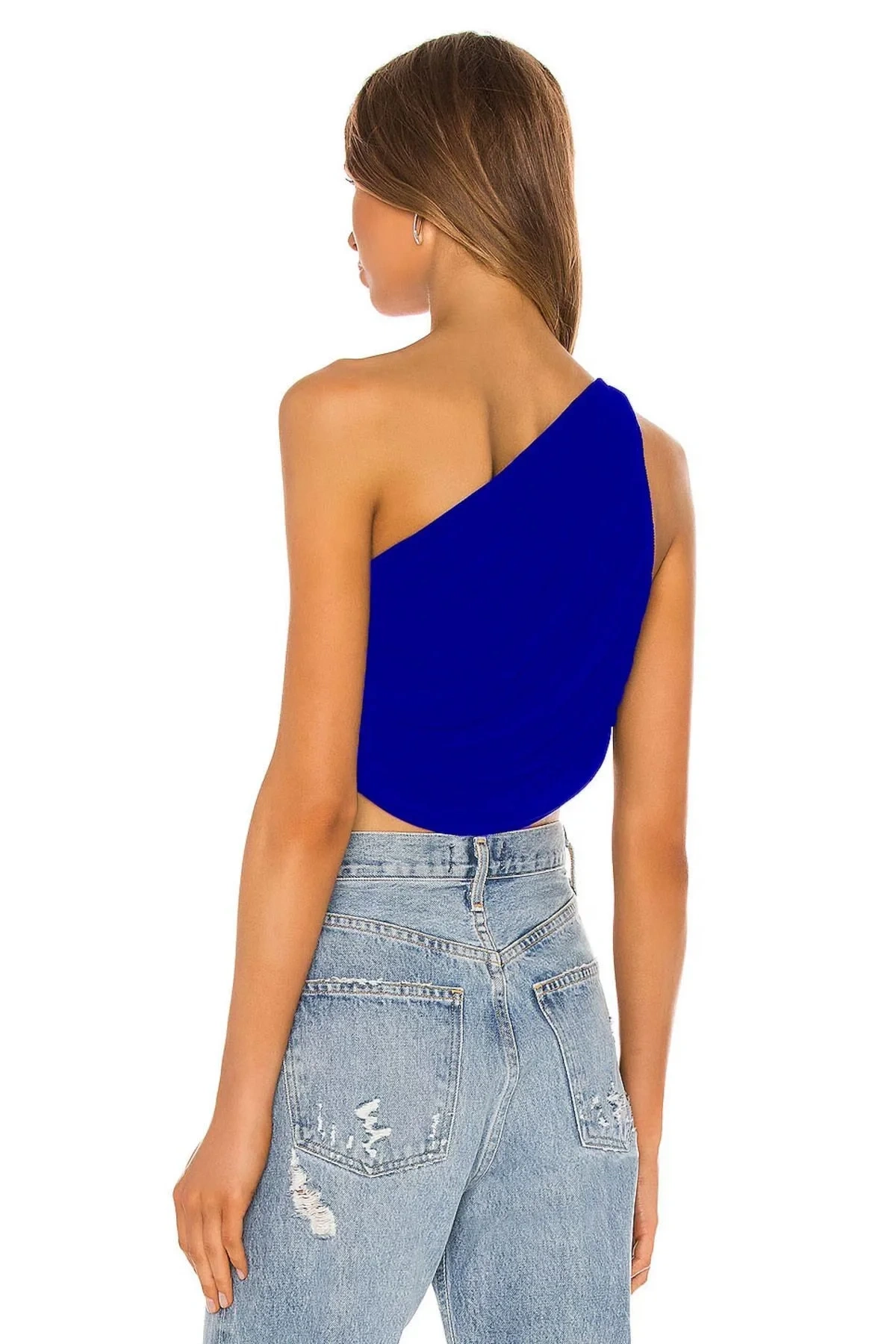 Kadın Saks Mavisi Büzgülü Tek Omuz Asimetrik Kesim Jarse Crop Top Büstiyer