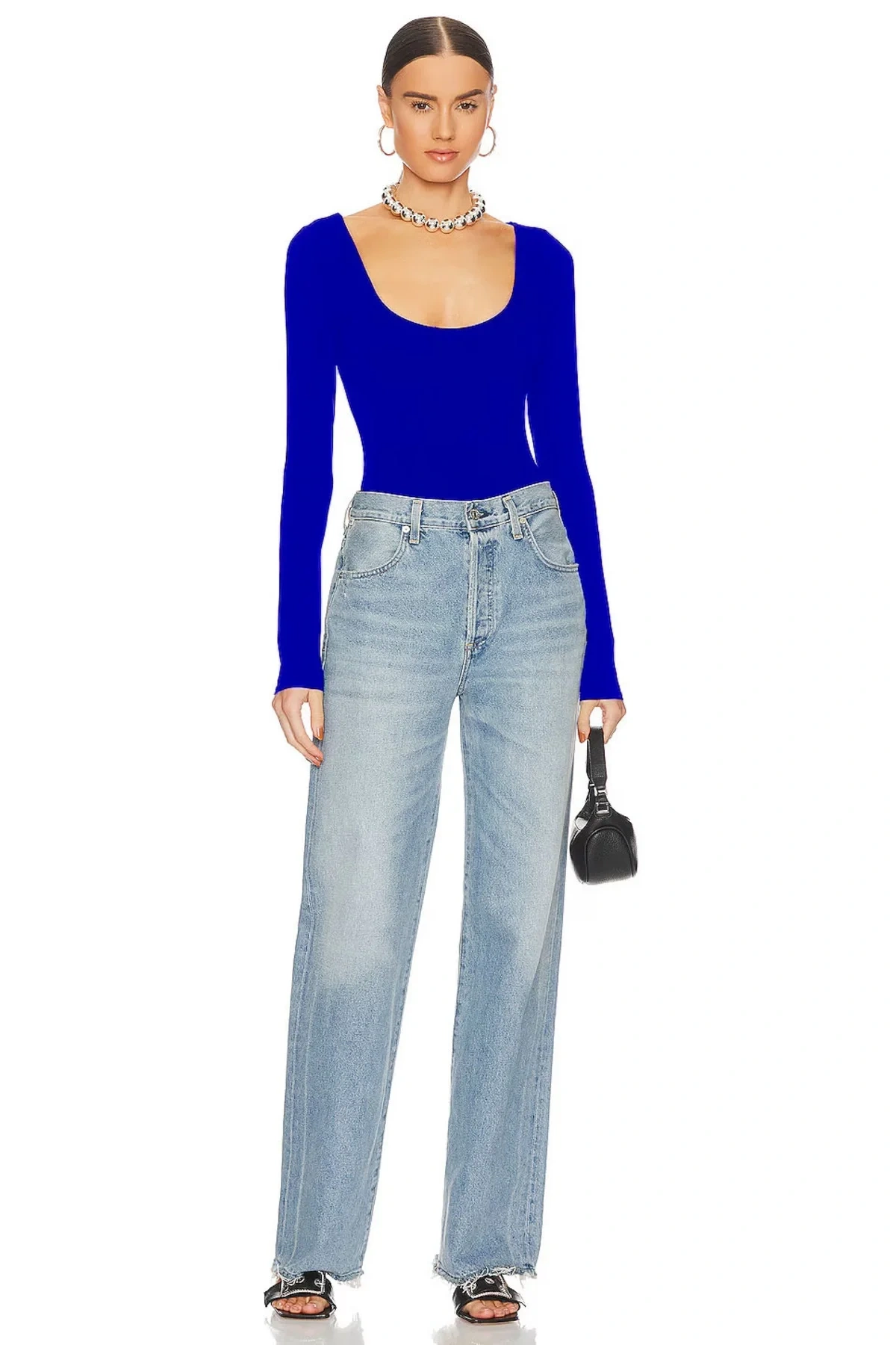 Kadın Saks Mavisi U Yaka Uzun Kollu İpek Jarse Vücudu Saran Basic Bodysuit