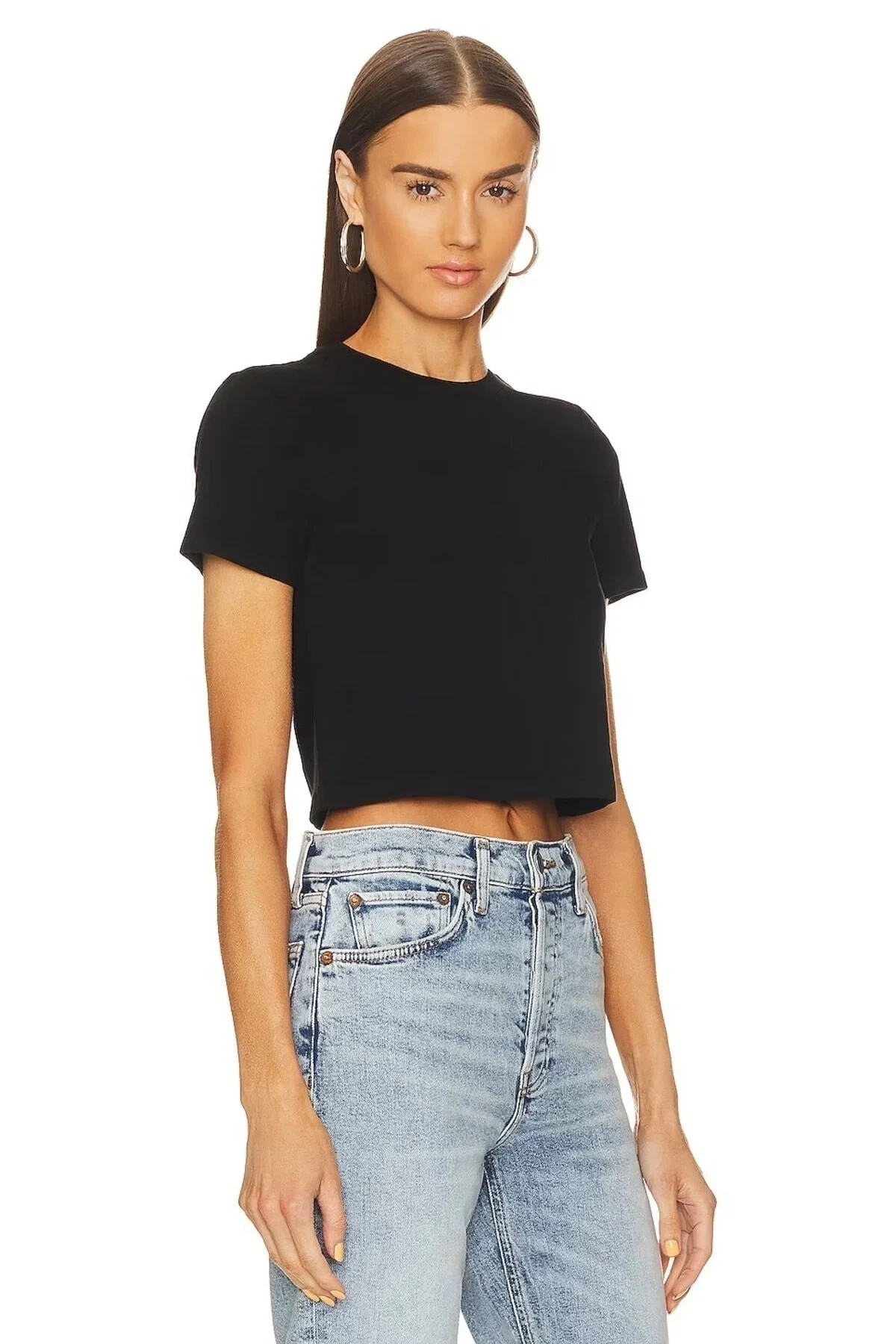 Kadın Siyah Bisiklet Yaka Kısa Kol Çift Kat Sandy Kumaş Vücudu Saran Basic Crop Top