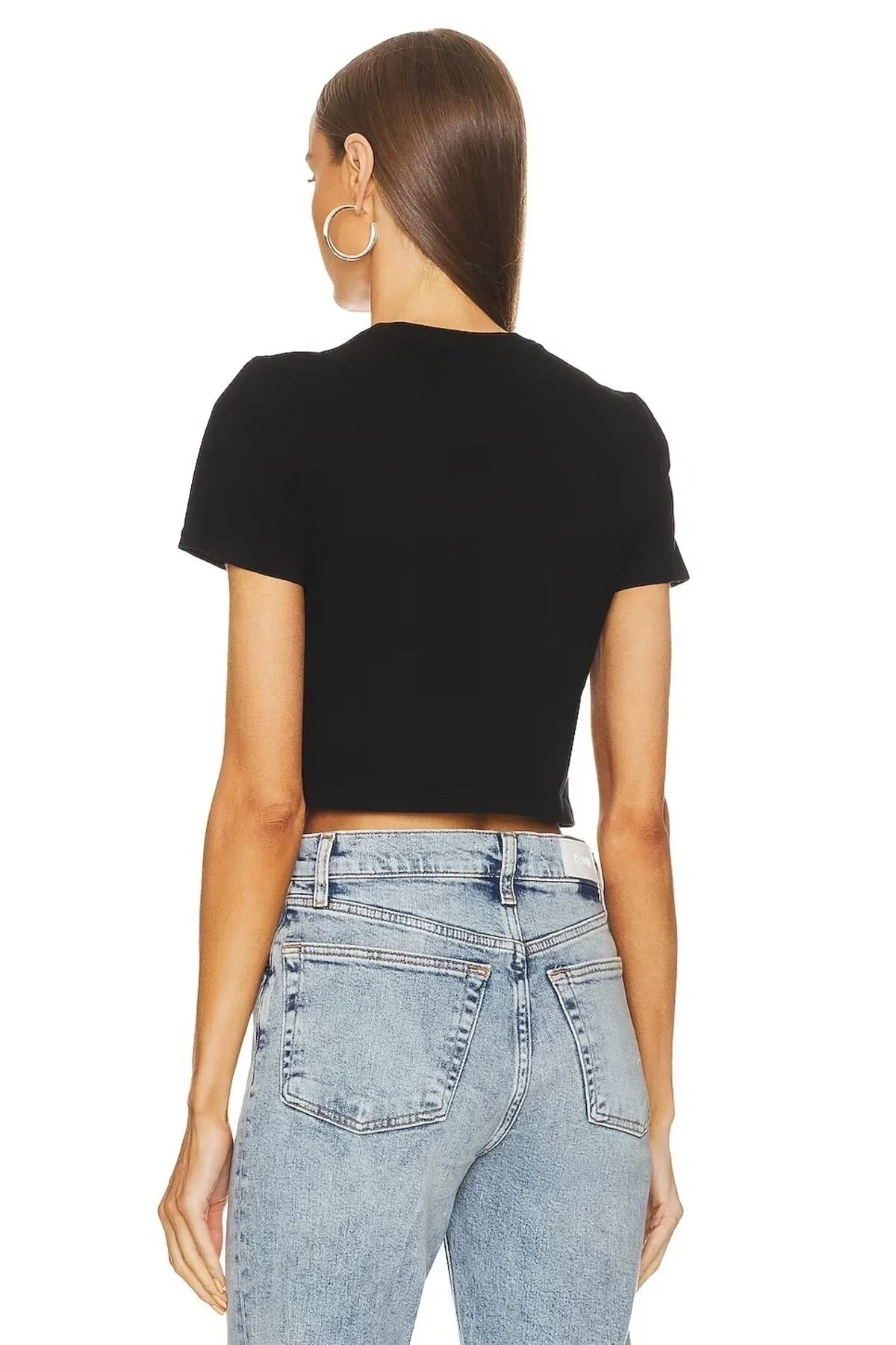 Kadın Siyah Bisiklet Yaka Kısa Kol Çift Kat Sandy Kumaş Vücudu Saran Basic Crop Top