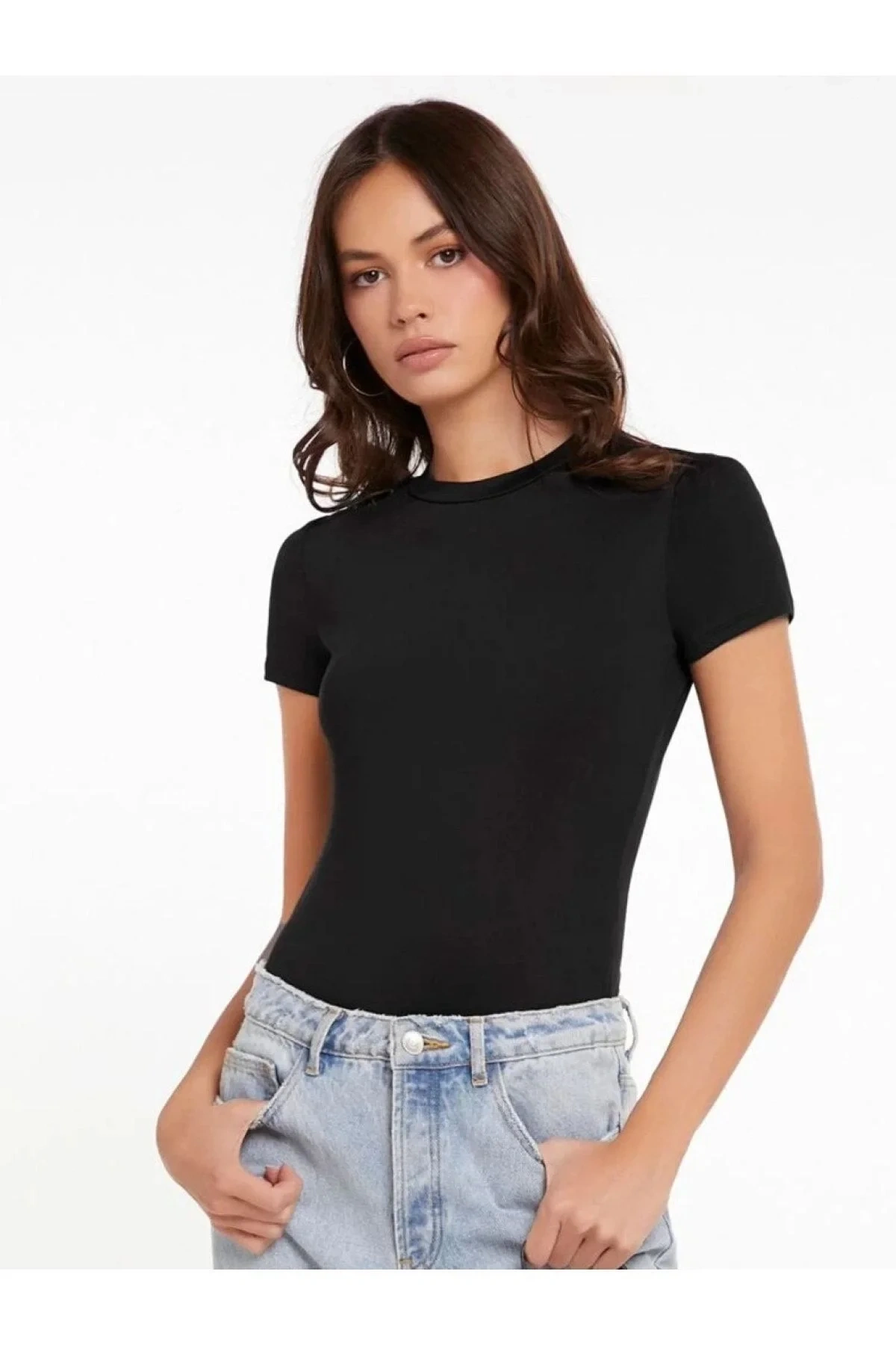 Kadın Siyah Bisiklet Yaka Kısa Kol İpek Jarse Vücudu Saran Basic Bodysuit