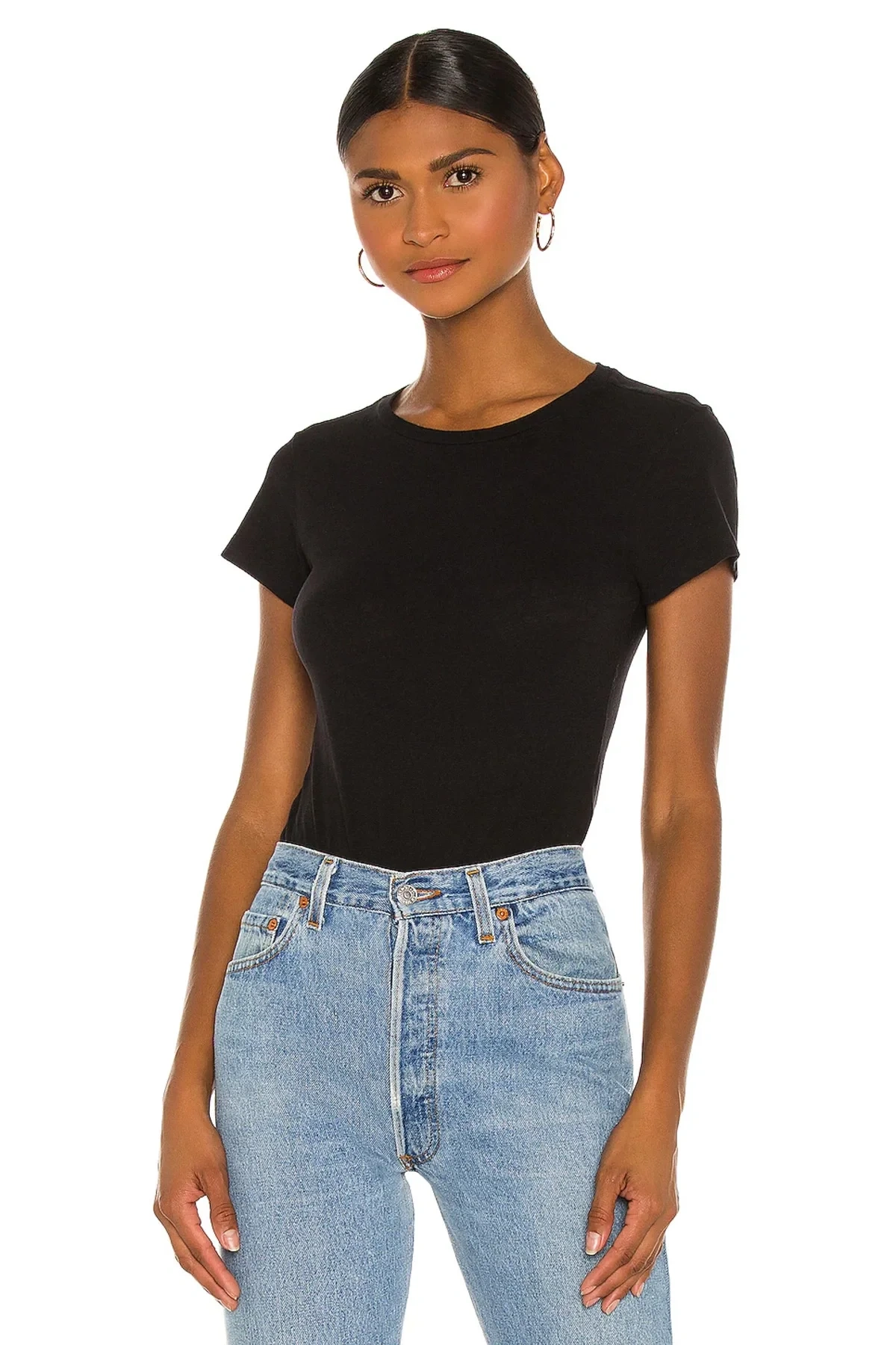 Kadın Siyah Bisiklet Yaka Kısa Kol Vücudu Saran Jarse Basic Tanga Bodysuit