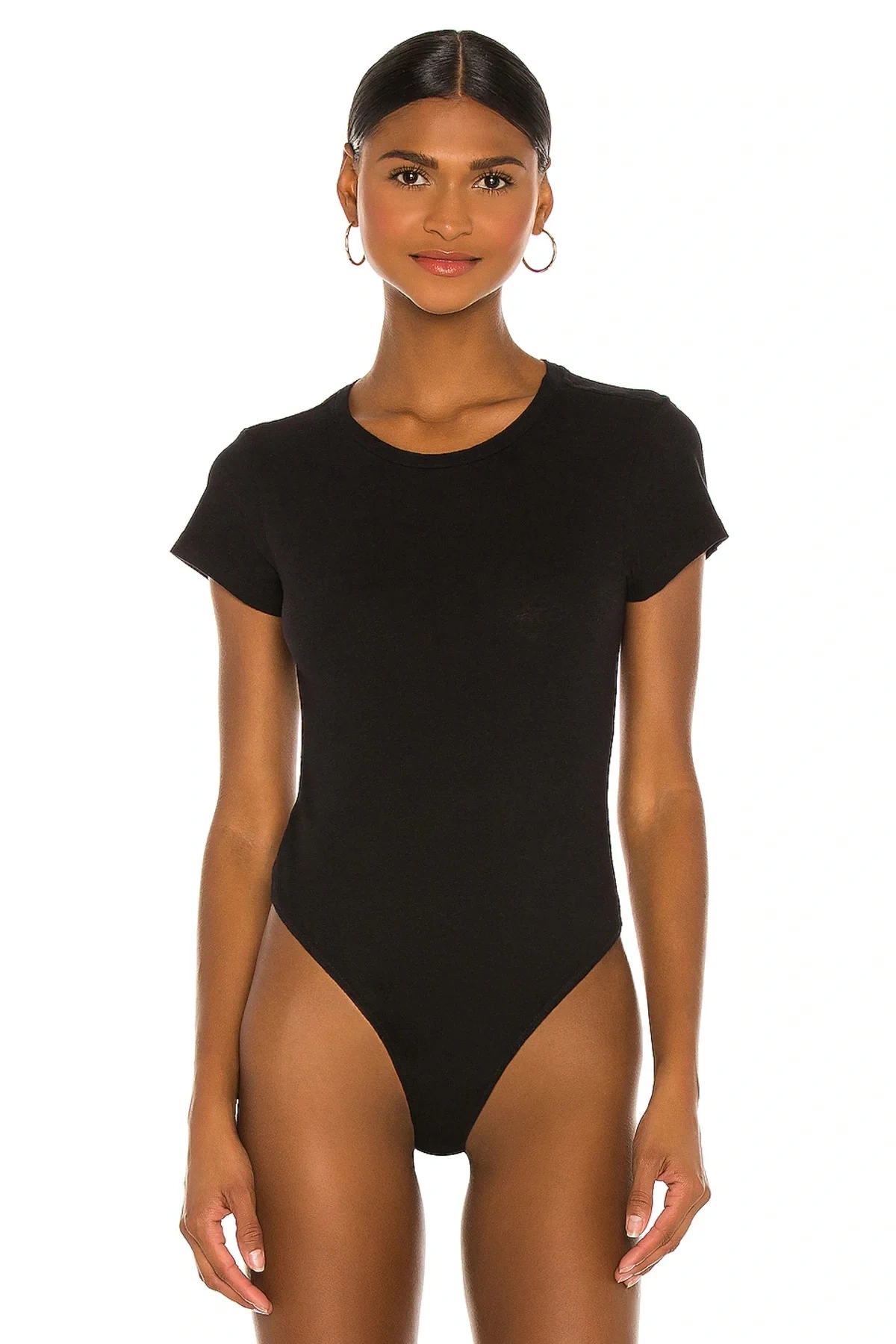 Kadın Siyah Bisiklet Yaka Kısa Kol Vücudu Saran Jarse Basic Tanga Bodysuit