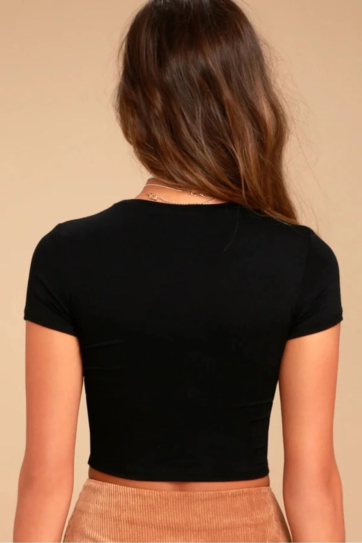 Kadın Siyah Bisiklet Yaka Kısa Kol Vücudu Saran Sandy Kumaş Basic Crop Top