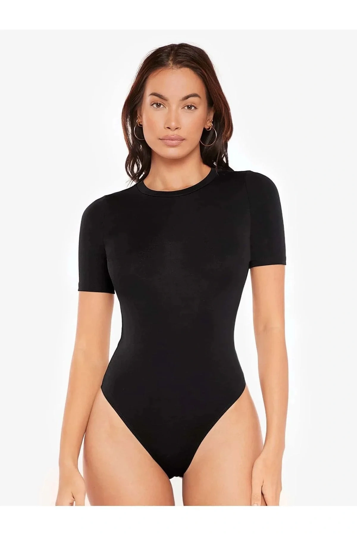 Kadın Siyah Bisiklet Yaka Kısa Kol Vücudu Saran Sandy Kumaş Basic Tanga Bodysuit