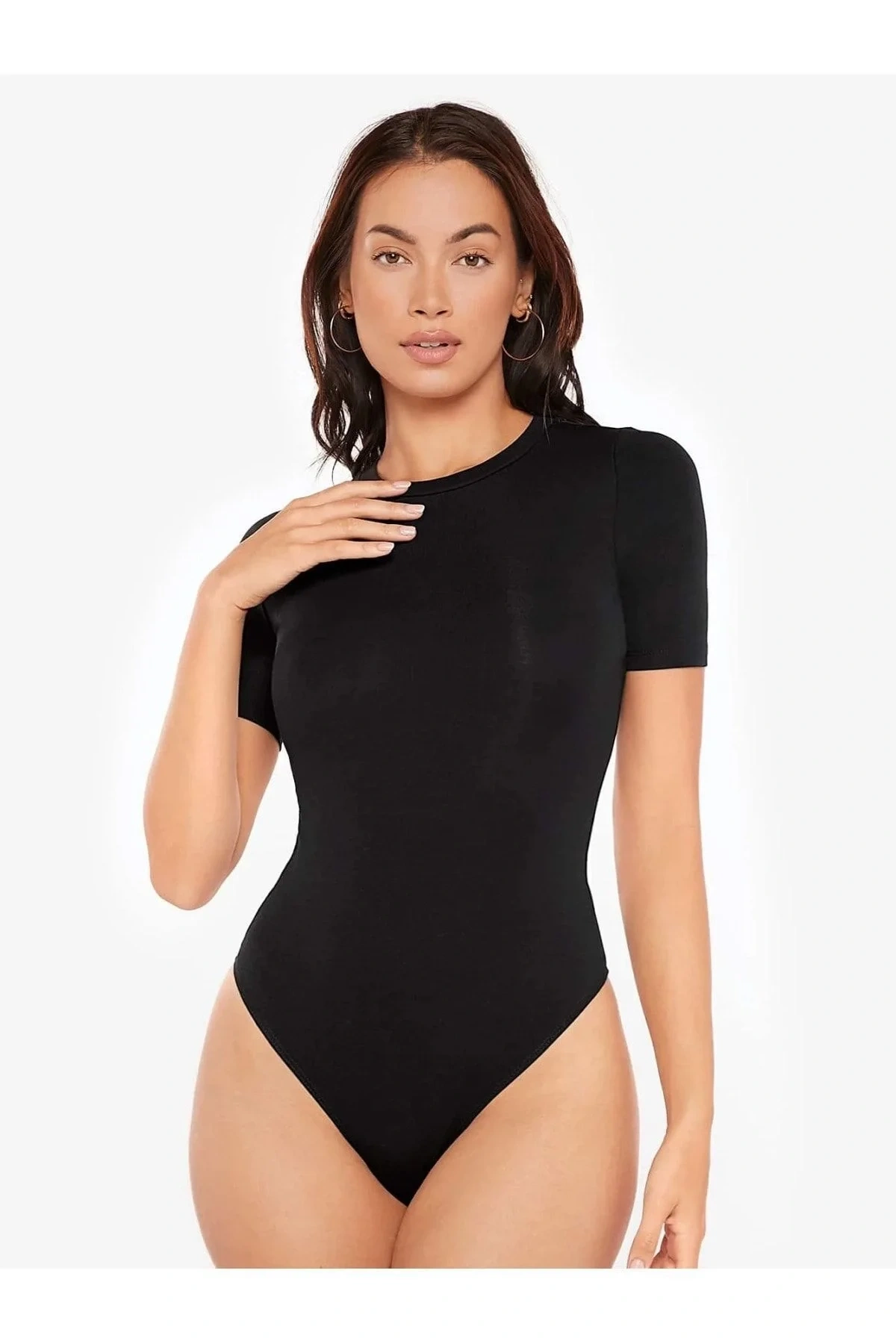 Kadın Siyah Bisiklet Yaka Kısa Kol Vücudu Saran Sandy Kumaş Basic Tanga Bodysuit