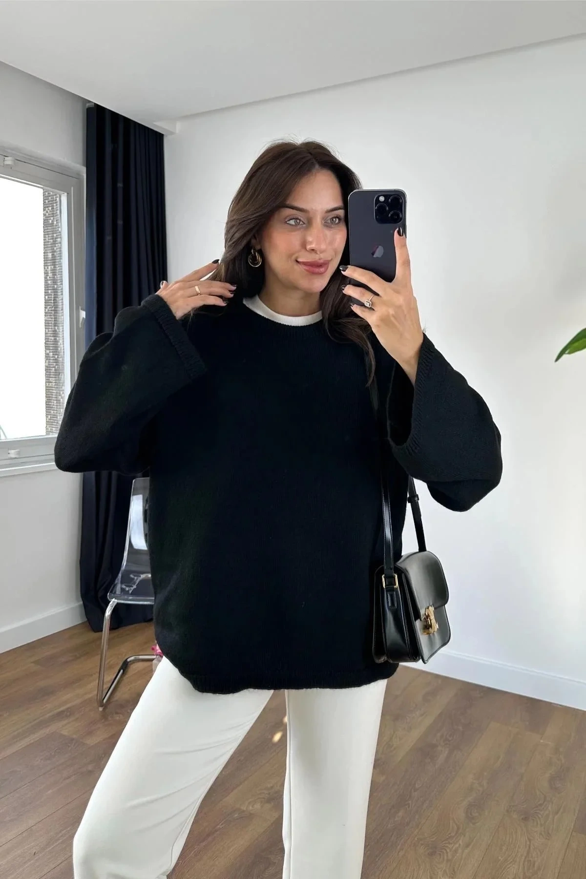 bysoca Kadın Siyah Bisiklet Yaka Oversize İspanyol Kollu Yumuşak Dokulu Triko Kazak