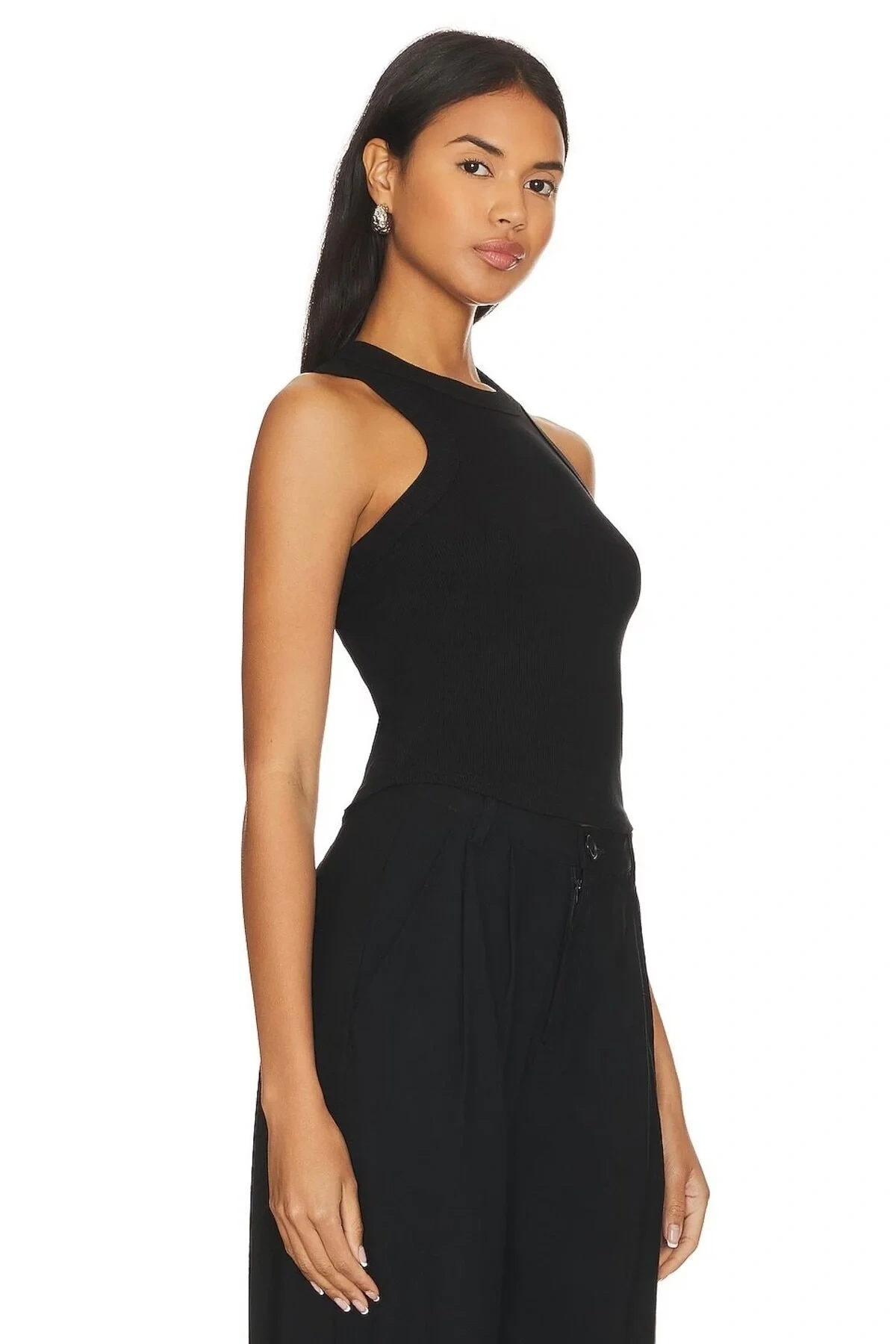 Kadın Siyah Bisiklet Yaka Sıfır Kol Çift Kat Sandy Kumaş Vücudu Saran Basic Crop Top