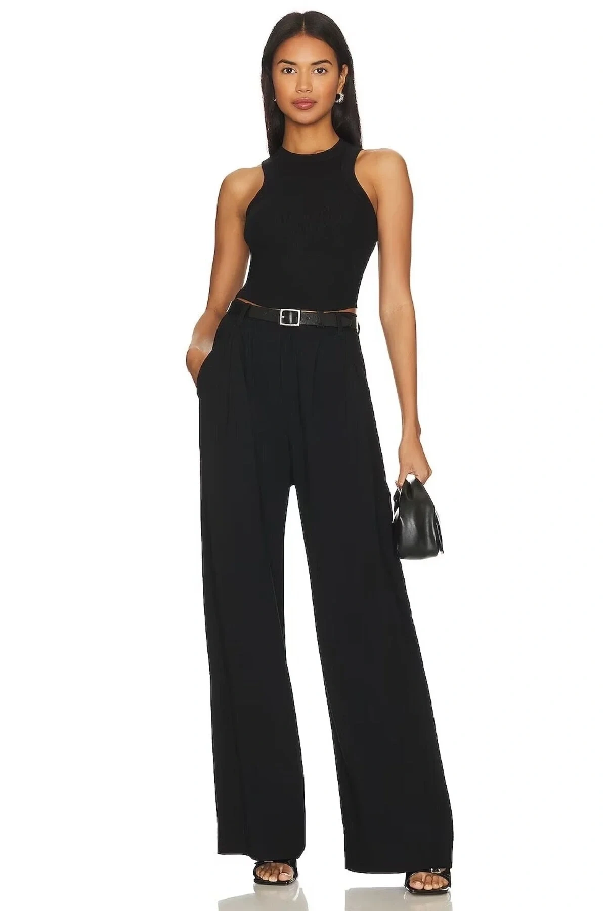 Kadın Siyah Bisiklet Yaka Sıfır Kol Çift Kat Sandy Kumaş Vücudu Saran Basic Crop Top