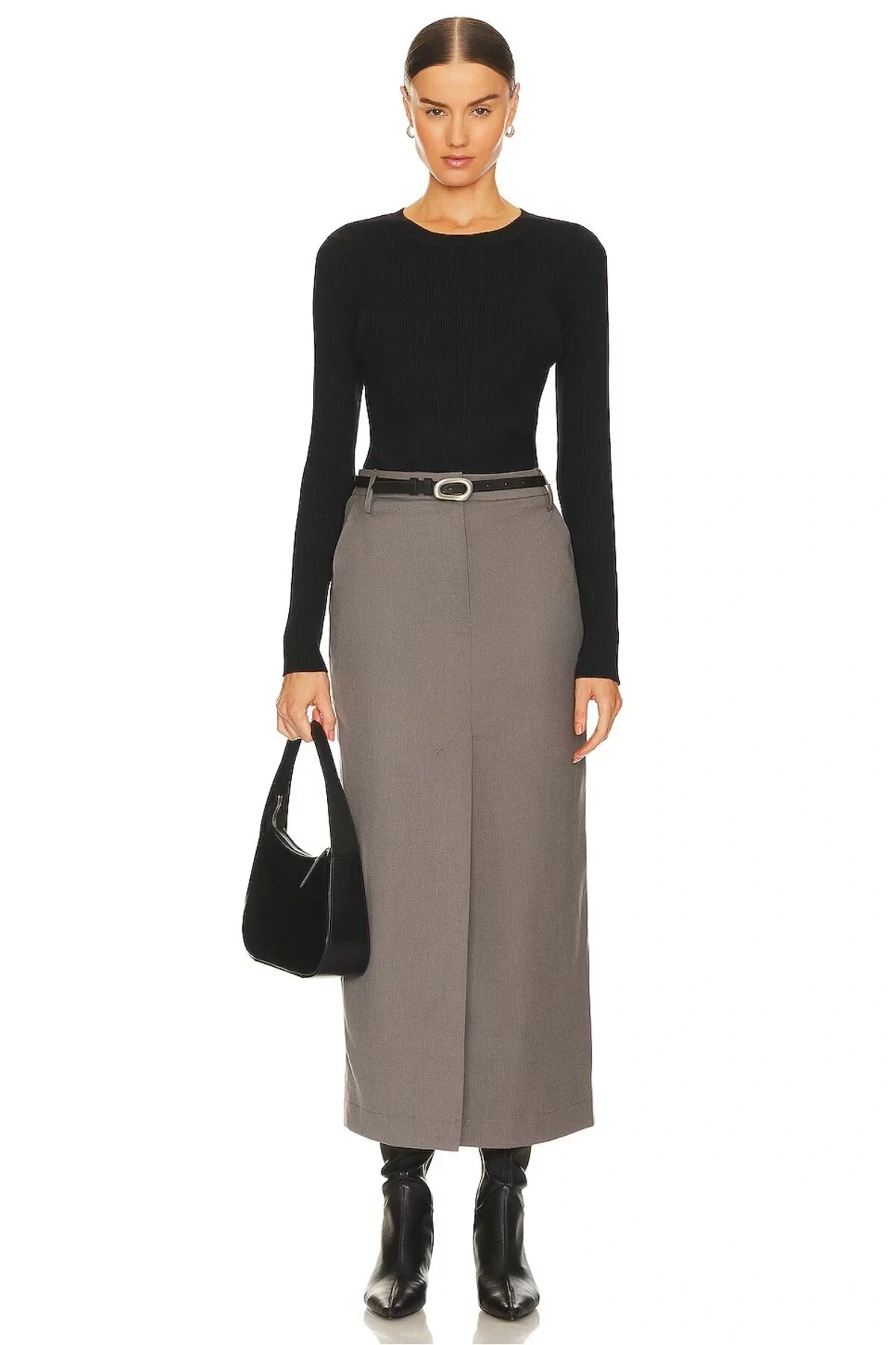 Kadın Siyah Bisiklet Yaka Uzun Kollu Vücudu Saran Sandy Kumaş Basic Bluz