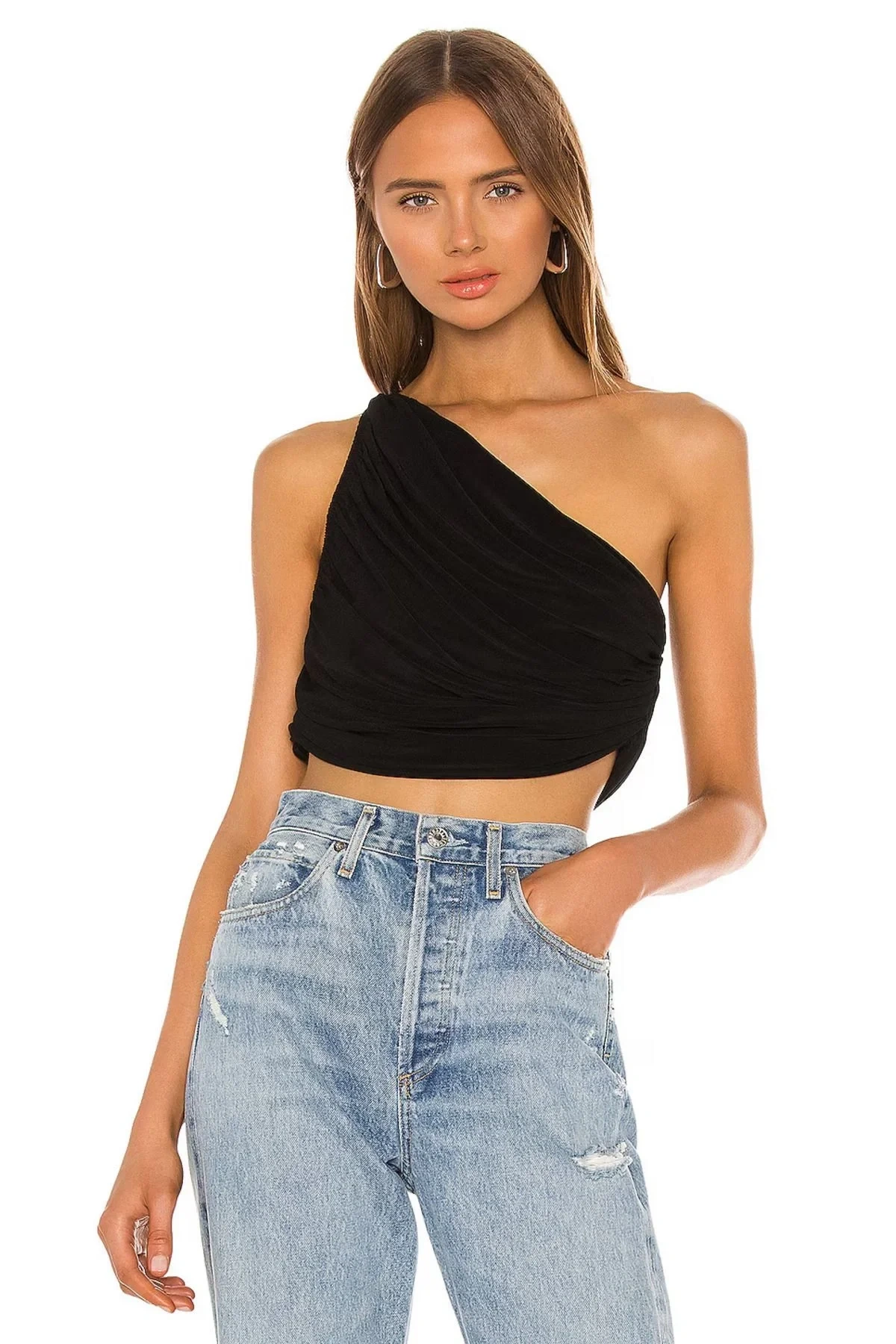 bysoca Kadın Siyah Büzgülü Tek Omuz Asimetrik Kesim Jarse Crop Top Büstiyer
