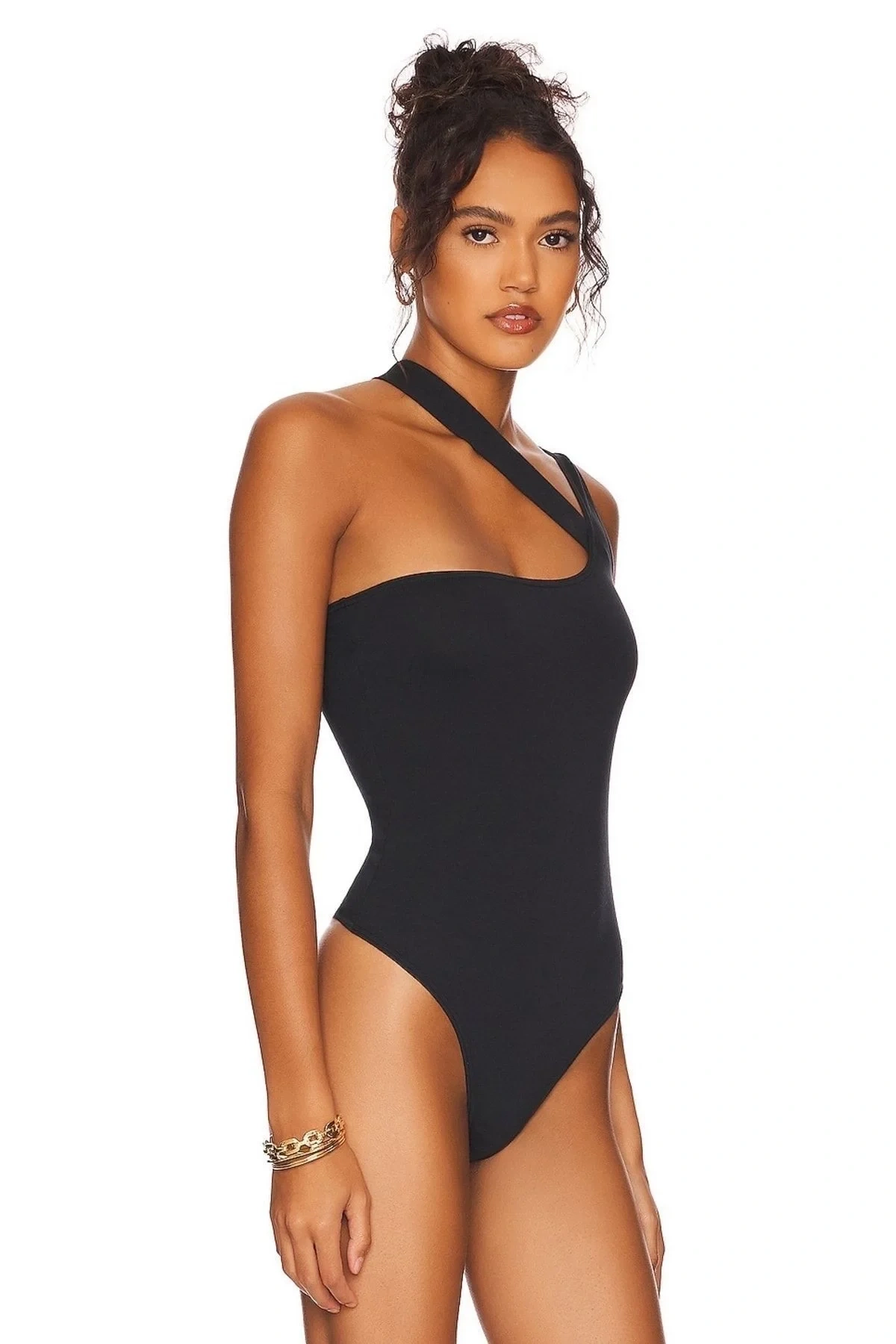 Kadın Siyah Çapraz Askılı Tek Omuz Vücudu Saran Sandy Kumaş Tanga Basic Bodysuit