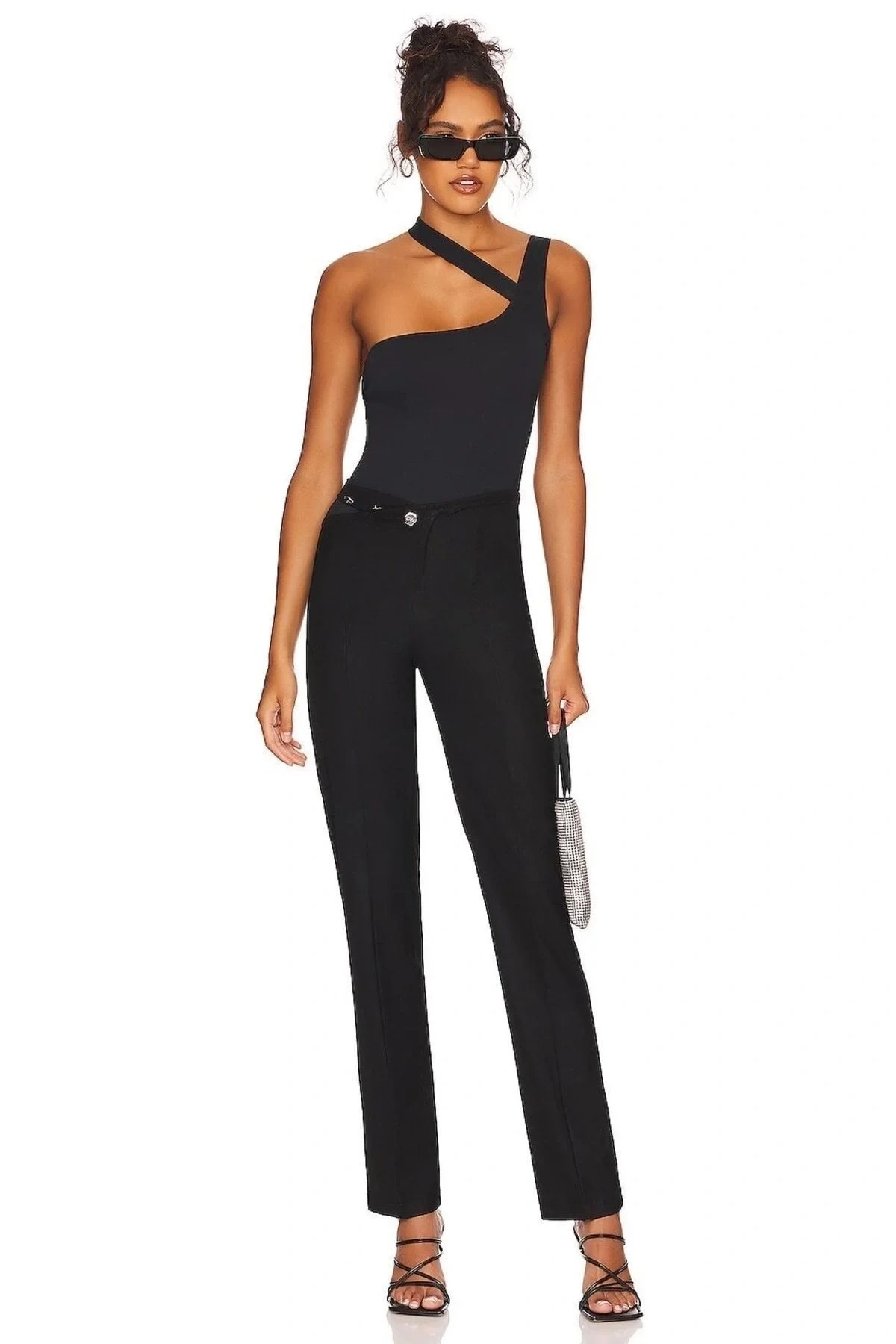 Kadın Siyah Çapraz Askılı Tek Omuz Vücudu Saran Sandy Kumaş Tanga Basic Bodysuit