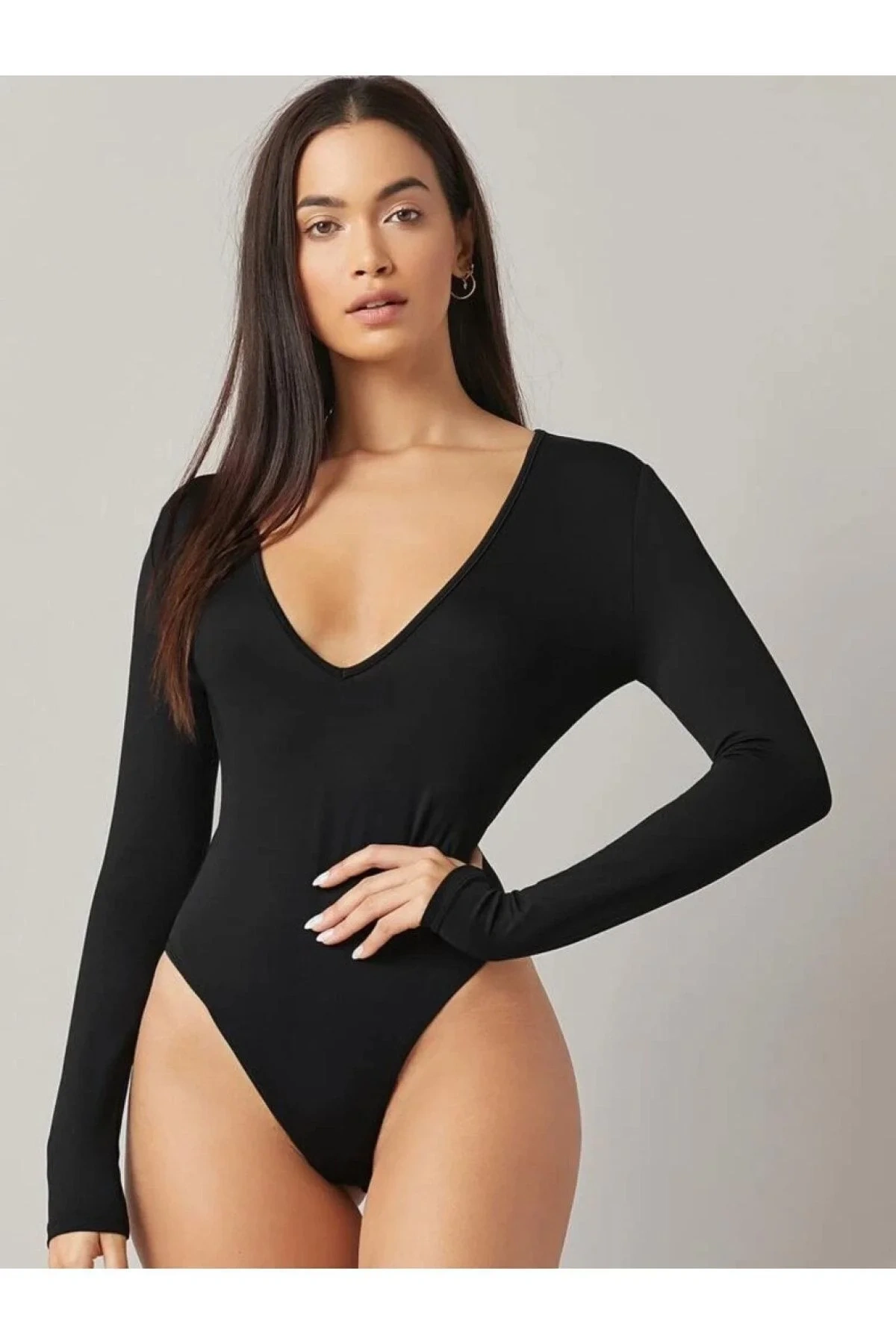 Kadın Siyah Derin V Yaka Uzun Kollu Vücudu Saran Sandy Kumaş Basic Tanga Bodysuit