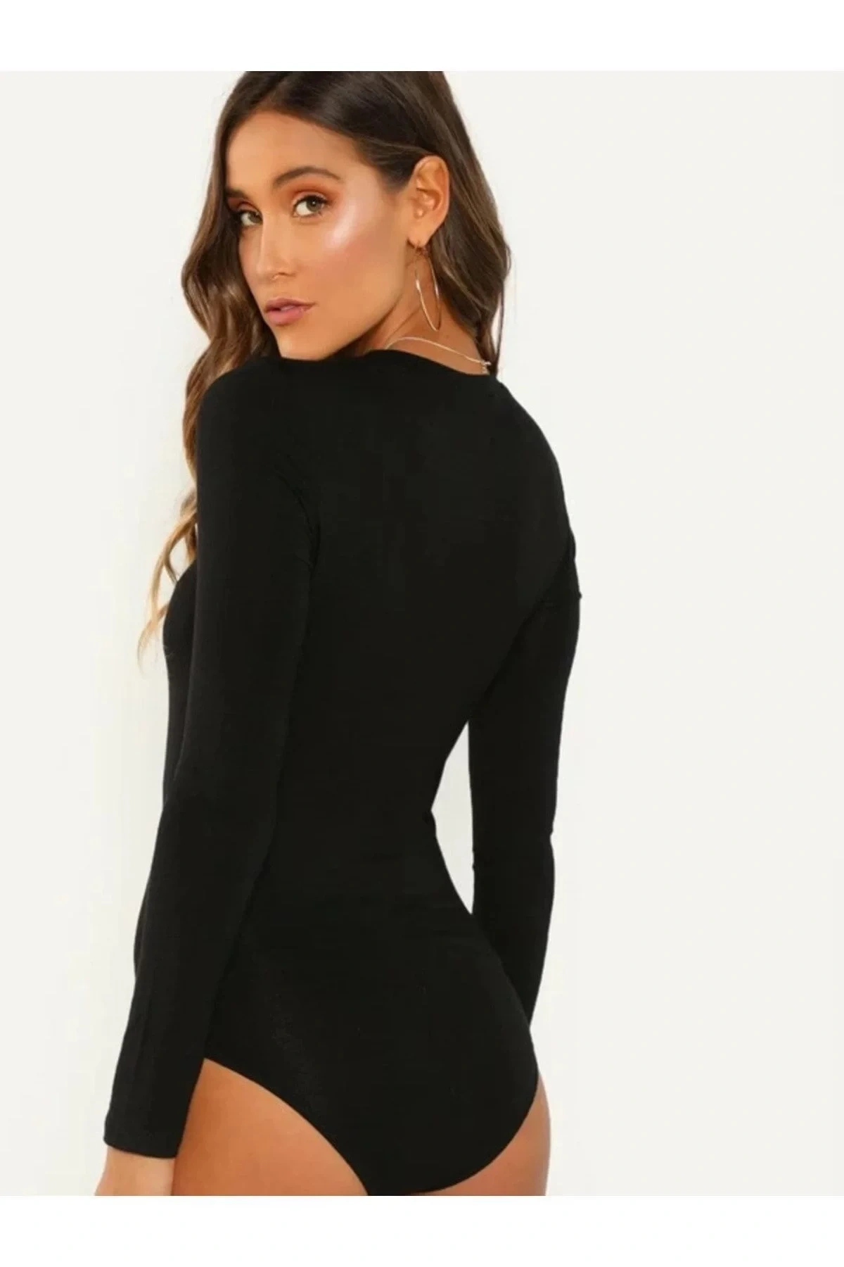 Kadın Siyah Bisiklet Yaka Uzun Kollu Vücudu Saran Basic Jarse Tanga Bodysuit