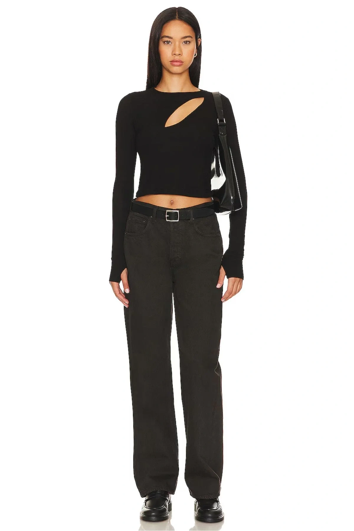 bysoca Kadın Siyah Göğüs Dekolteli Bisiklet Yaka Uzun Kollu Parmak Geçmeli Crop Top