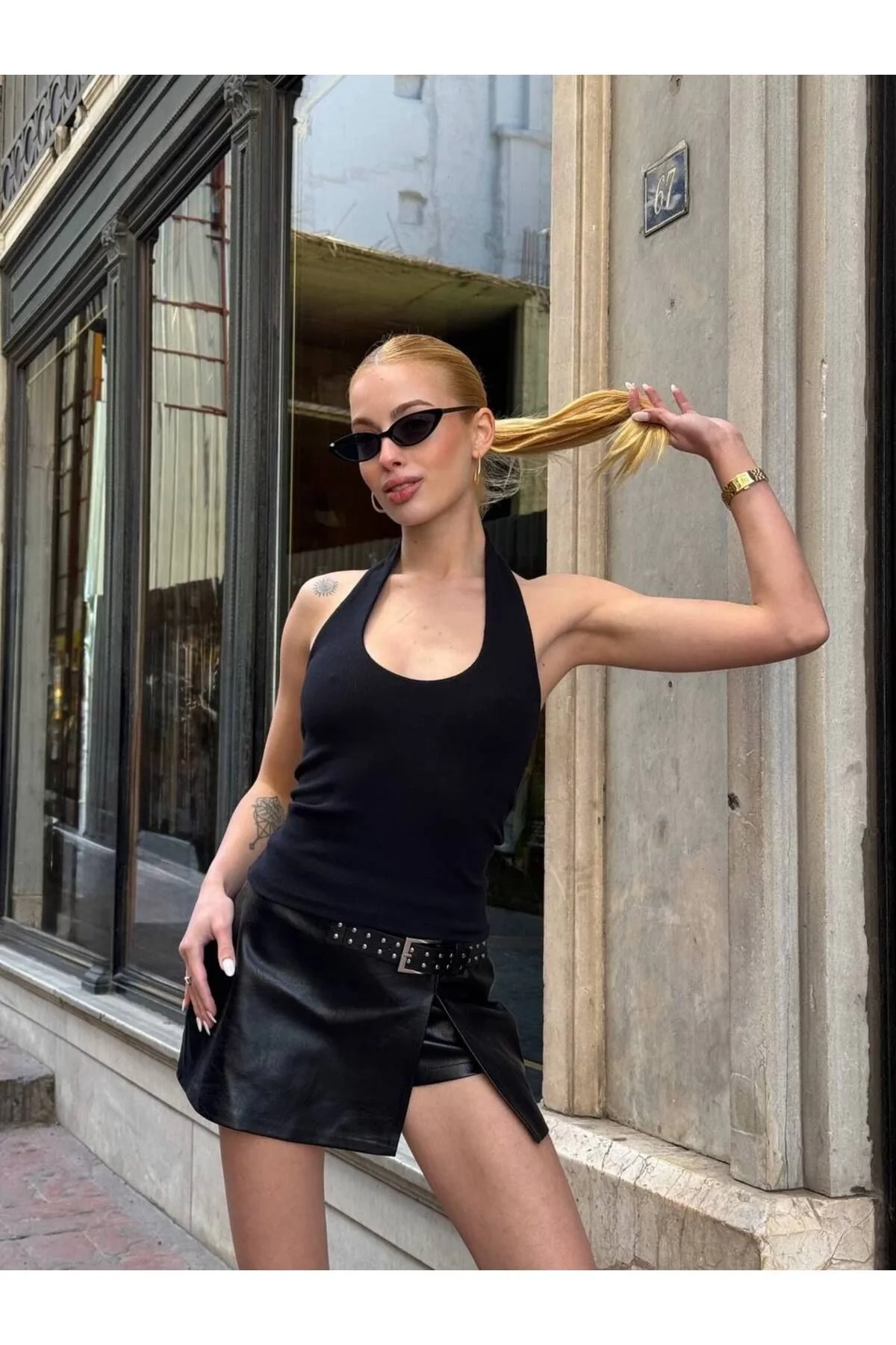 bysoca Kadın Siyah Halter Yaka Derin U Kesim Sırtı Açık Fitilli Ribana Basic Atlet Bluz