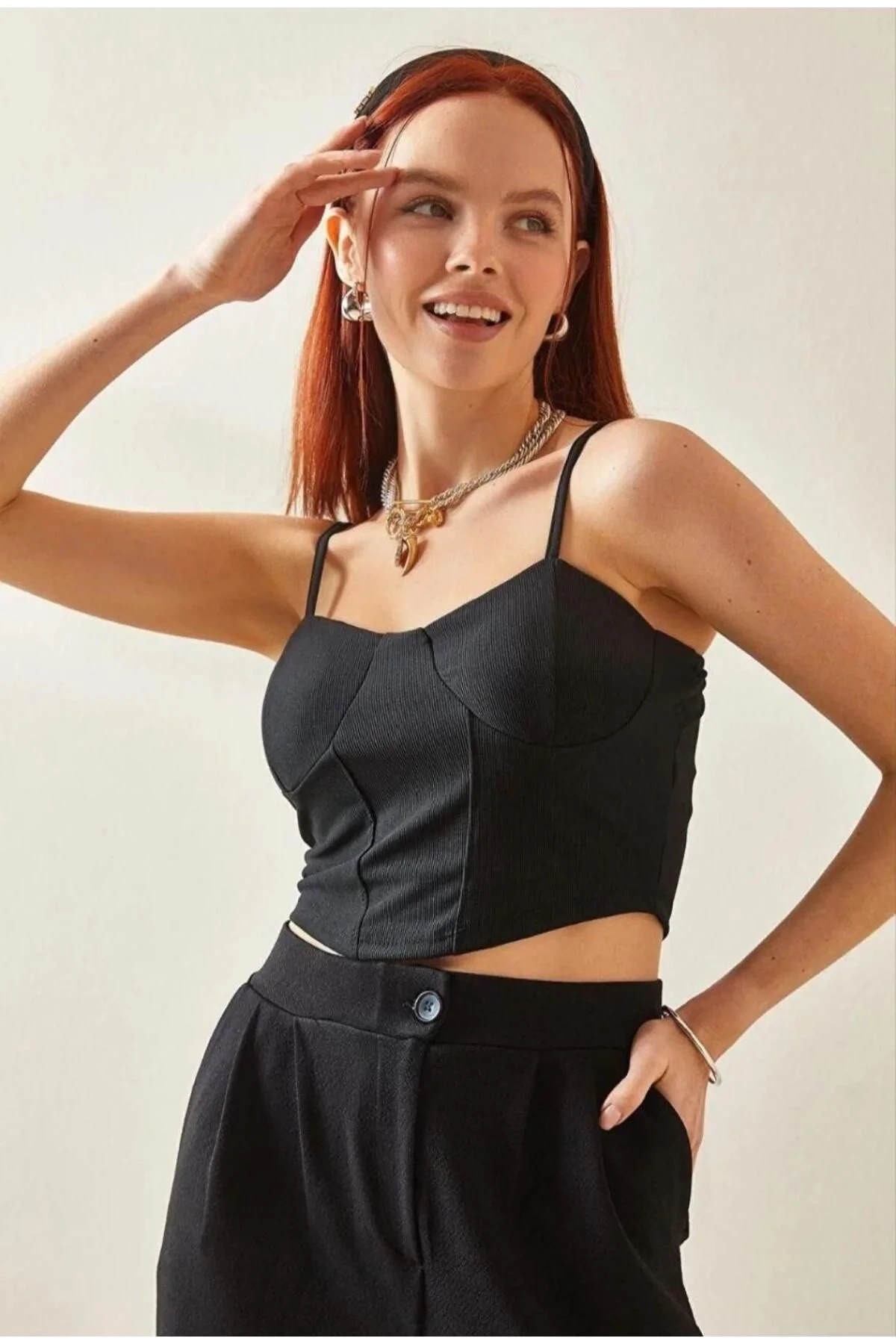 bysoca Kadın Siyah Balenli Kaşkorse Ayarlanabilir İnce İp Askılı Büstiyer Crop Top