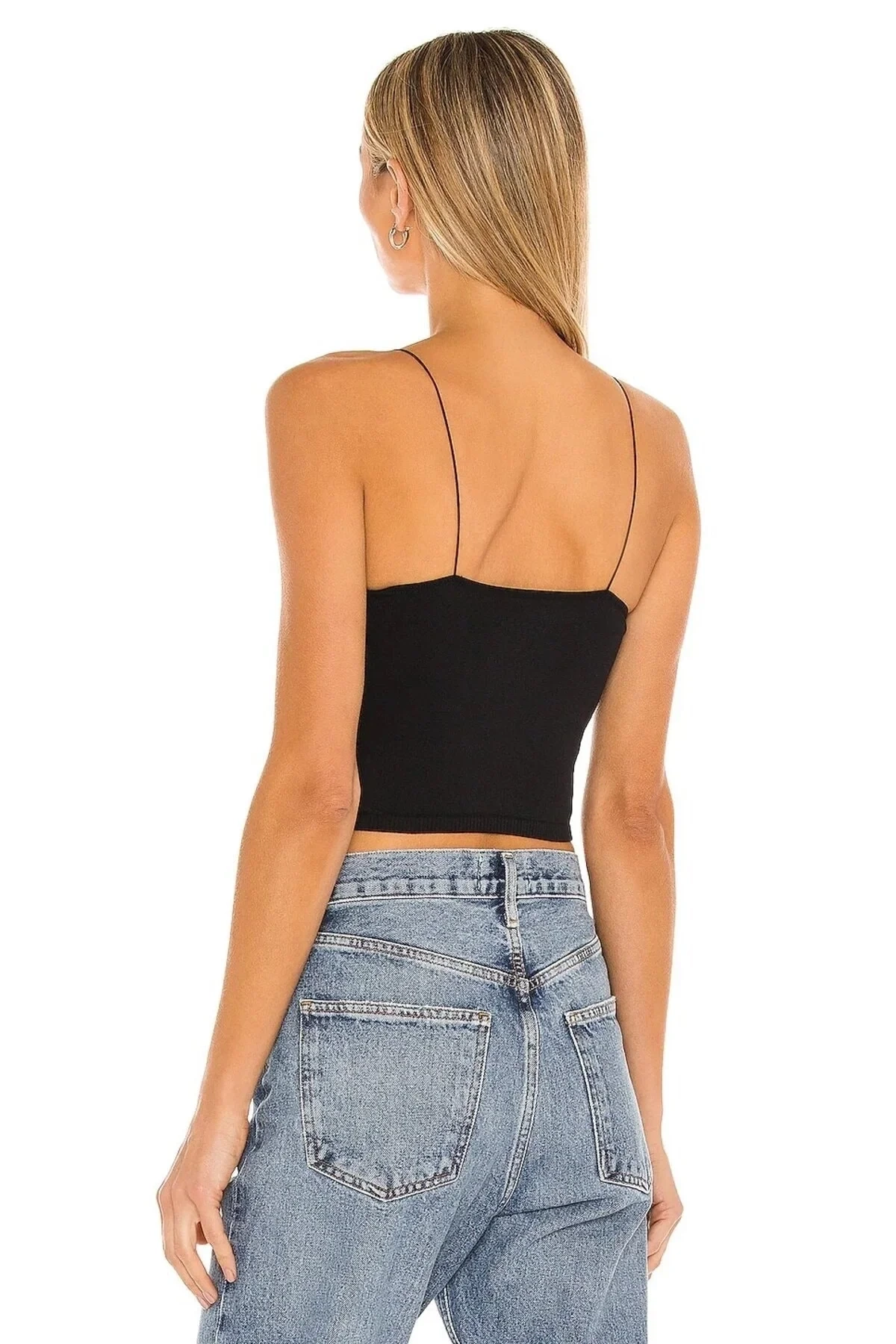 Kadın Siyah İp Askılı U Yaka Çift Kat Sandy Kumaş Vücudu Saran Basic Crop Top Büstiyer